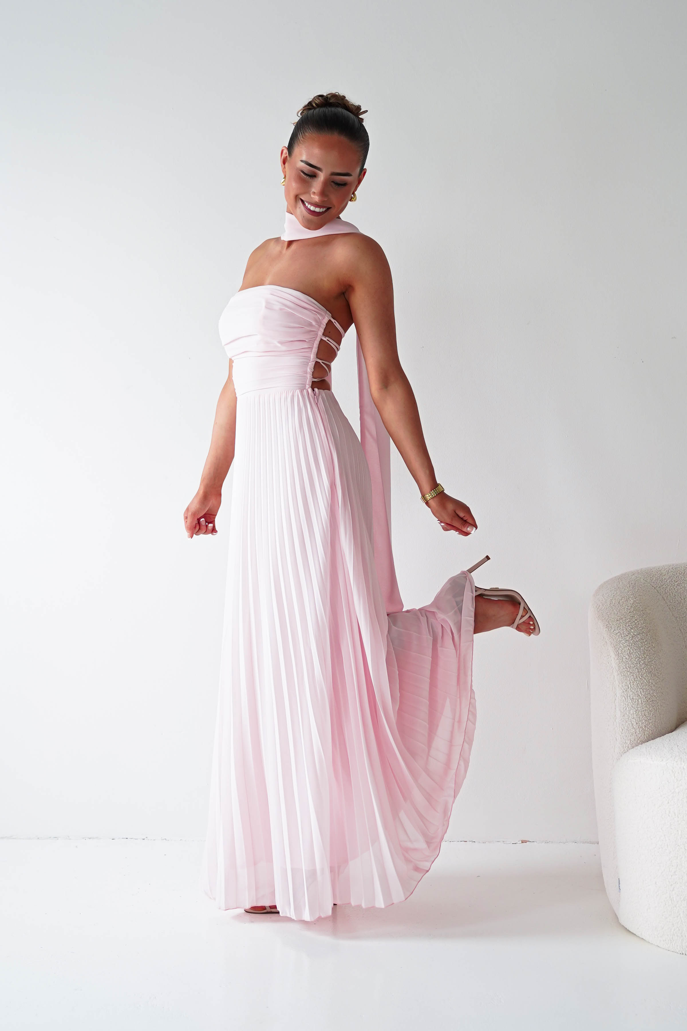 Oh Hello Clothing Women > Clothing > Dresses 1*DONE- SHAREEN COLLECTION-Blush Pink Pleated Strapless Maxi Dress with Scarf-MD08889-2