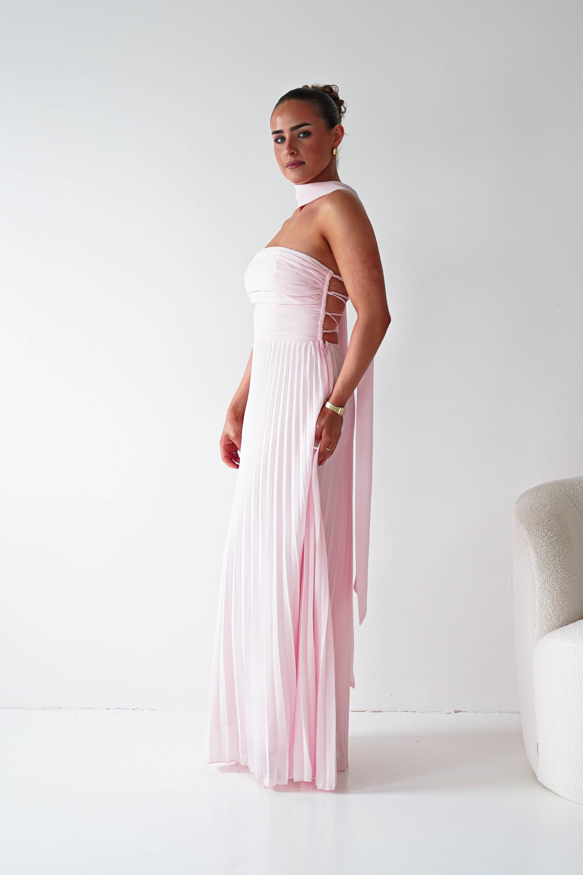 Oh Hello Clothing Women > Clothing > Dresses 1*DONE- SHAREEN COLLECTION-Blush Pink Pleated Strapless Maxi Dress with Scarf-MD08889-2