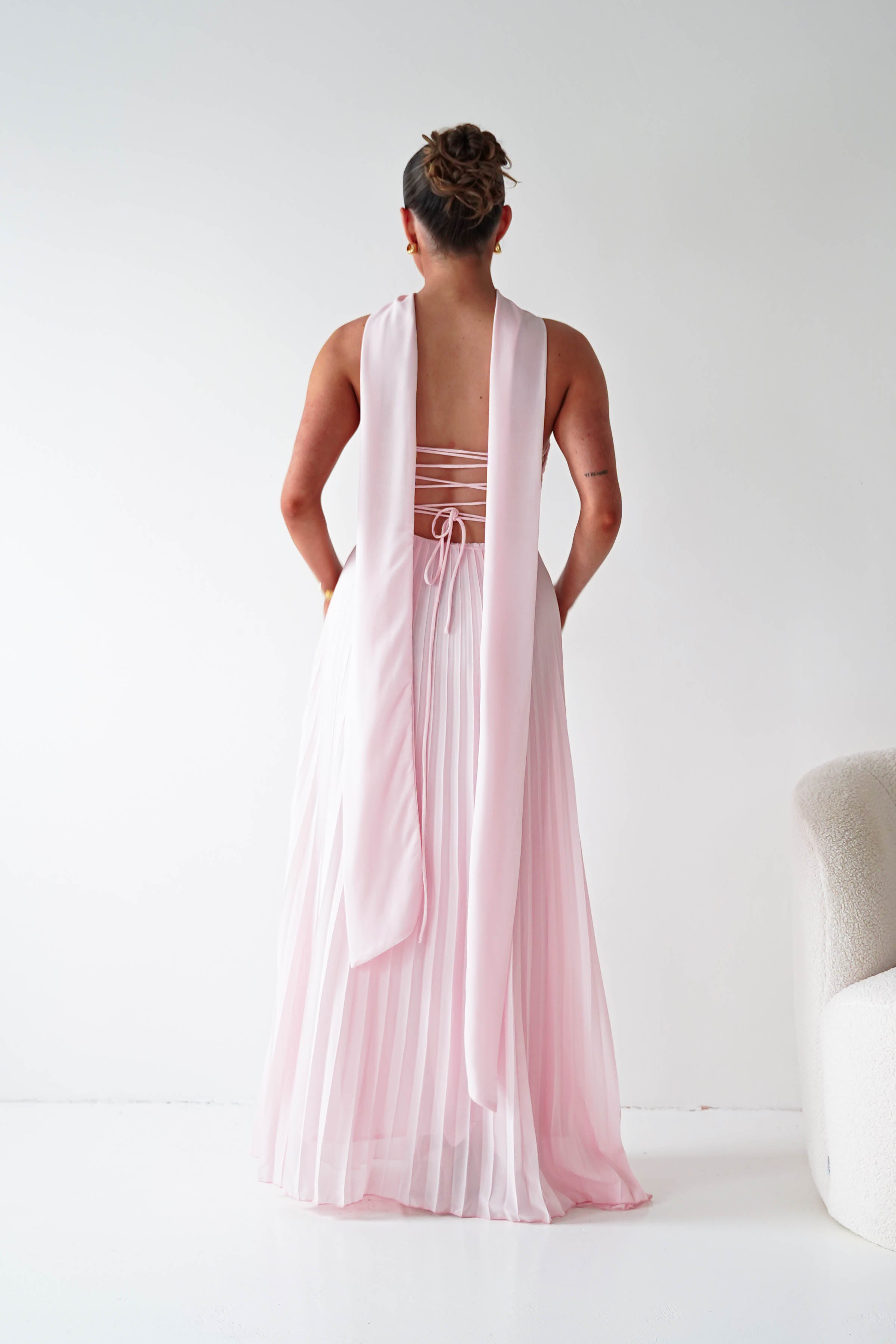 Oh Hello Clothing Women > Clothing > Dresses 1*DONE- SHAREEN COLLECTION-Blush Pink Pleated Strapless Maxi Dress with Scarf-MD08889-2