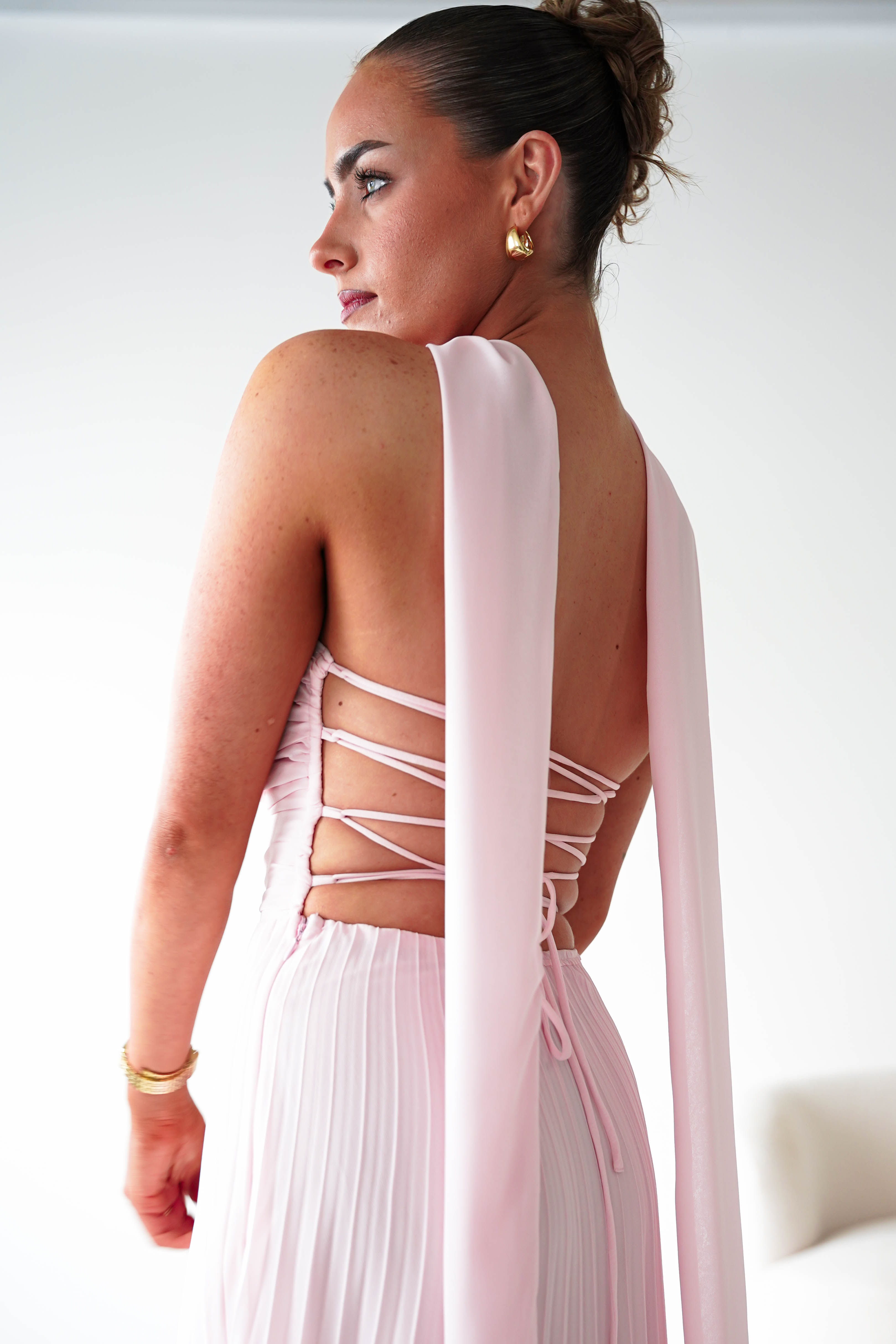 Oh Hello Clothing Women > Clothing > Dresses 1*DONE- SHAREEN COLLECTION-Blush Pink Pleated Strapless Maxi Dress with Scarf-MD08889-2