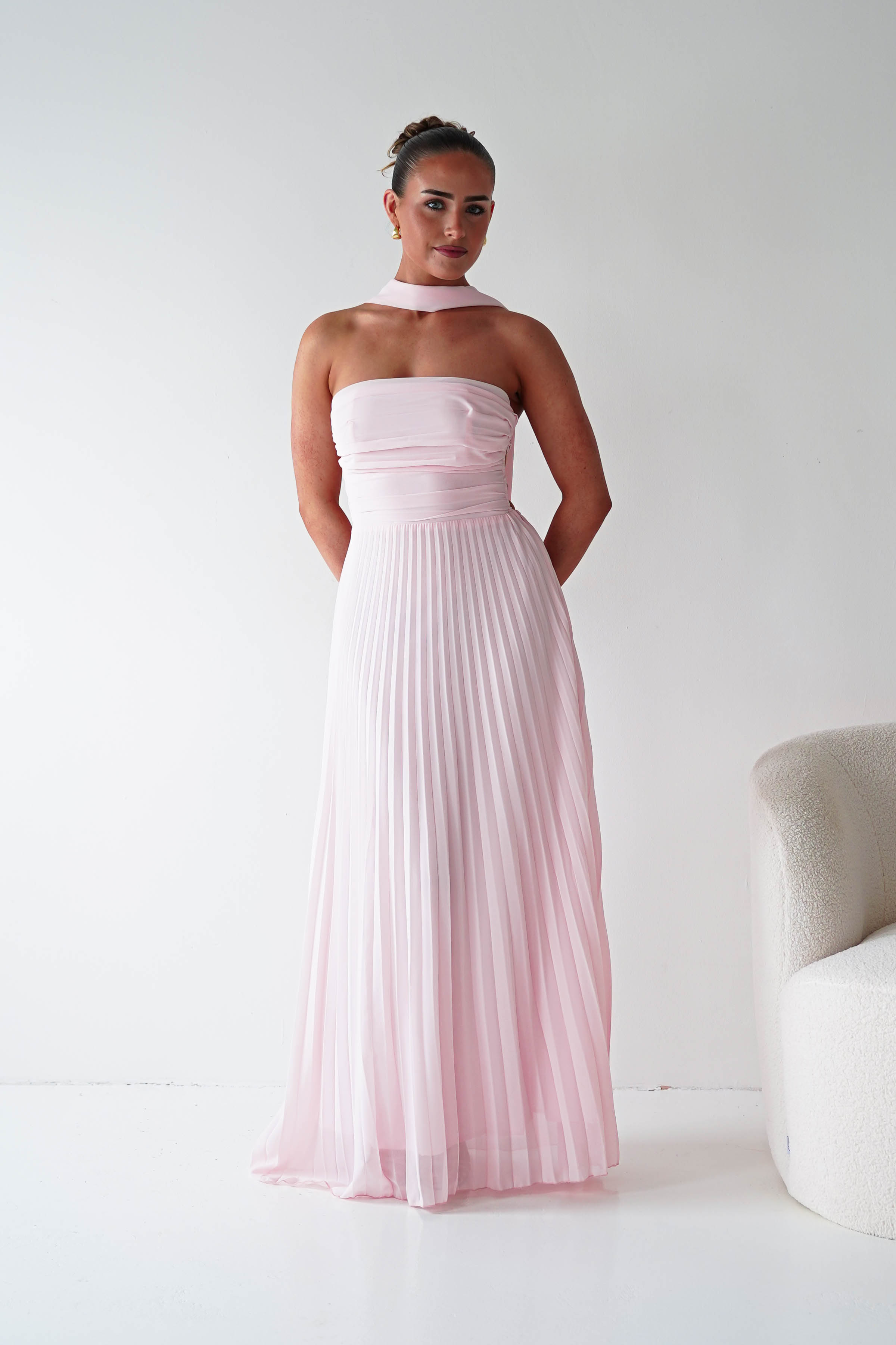 Oh Hello Clothing Women > Clothing > Dresses 1*DONE- SHAREEN COLLECTION-Blush Pink Pleated Strapless Maxi Dress with Scarf-MD08889-2