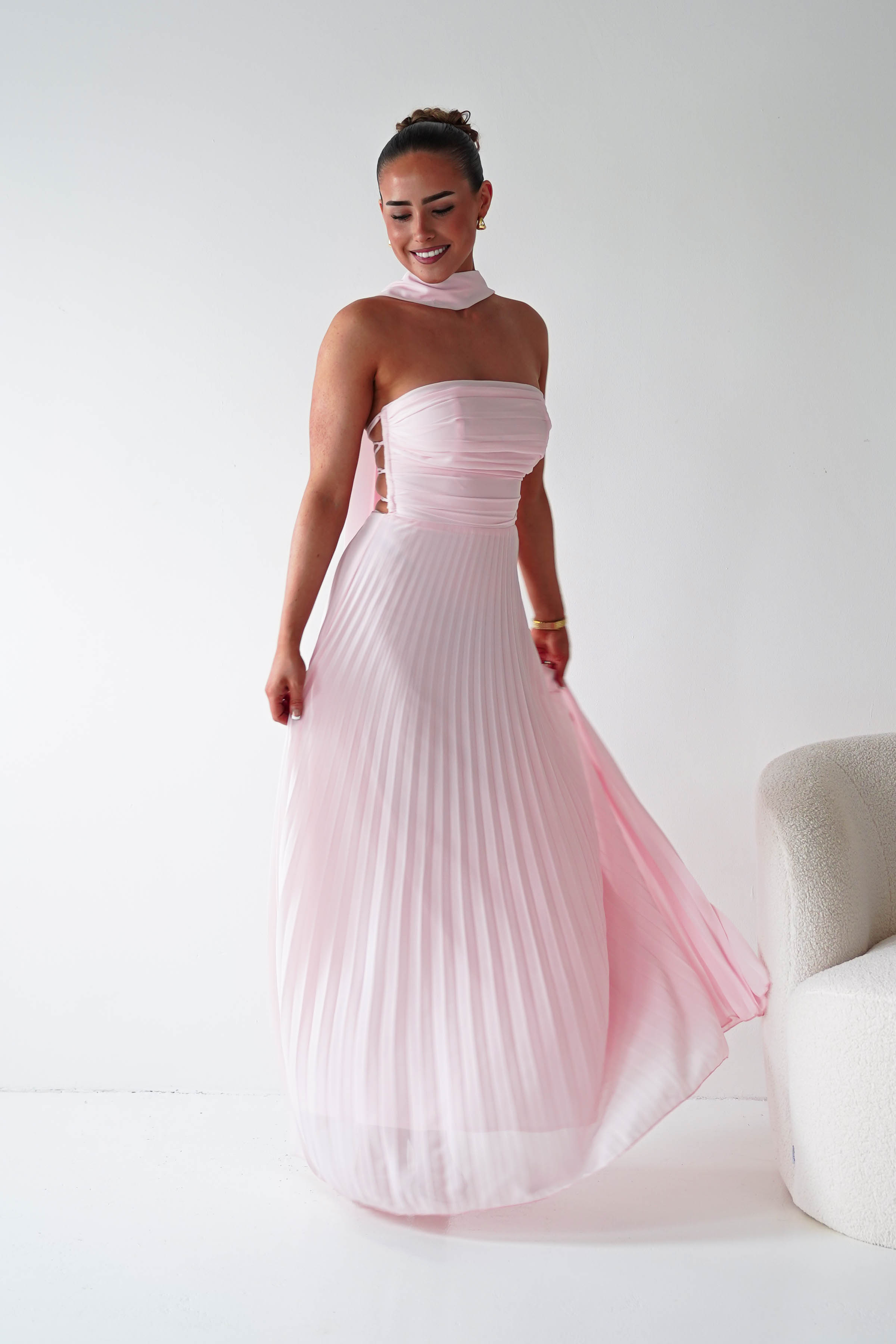 Oh Hello Clothing Women > Clothing > Dresses 1*DONE- SHAREEN COLLECTION-Blush Pink Pleated Strapless Maxi Dress with Scarf-MD08889-2
