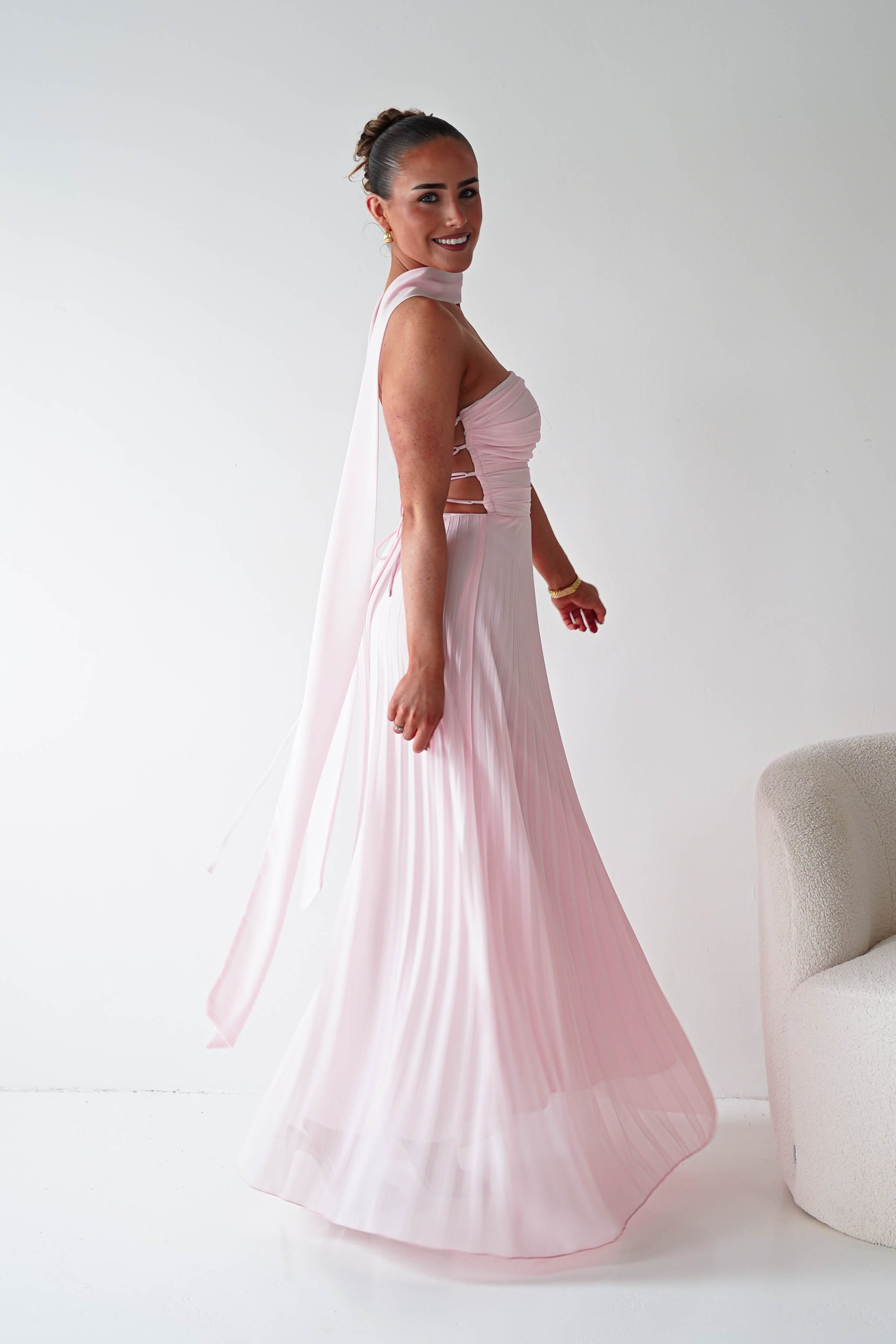 Oh Hello Clothing Women > Clothing > Dresses 1*DONE- SHAREEN COLLECTION-Blush Pink Pleated Strapless Maxi Dress with Scarf-MD08889-2
