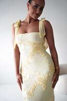 Oh Hello Clothing Women > Clothing > Dresses 1*DONE- SHAREEN COLLECTION-Butter Yellow Floral Appliqué Midi Dress -MD10126