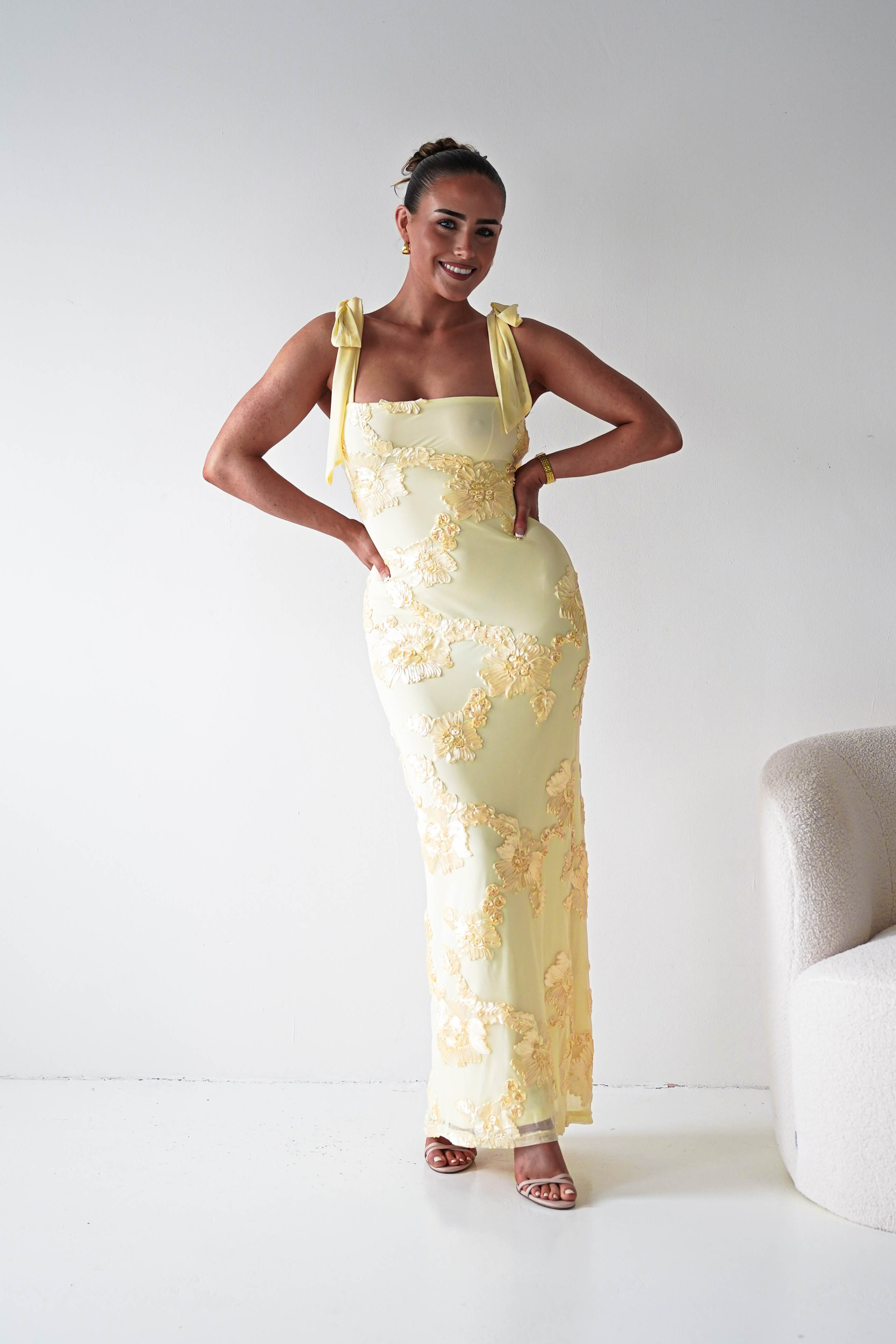 Oh Hello Clothing Women > Clothing > Dresses 1*DONE- SHAREEN COLLECTION-Butter Yellow Floral Appliqué Midi Dress -MD10126