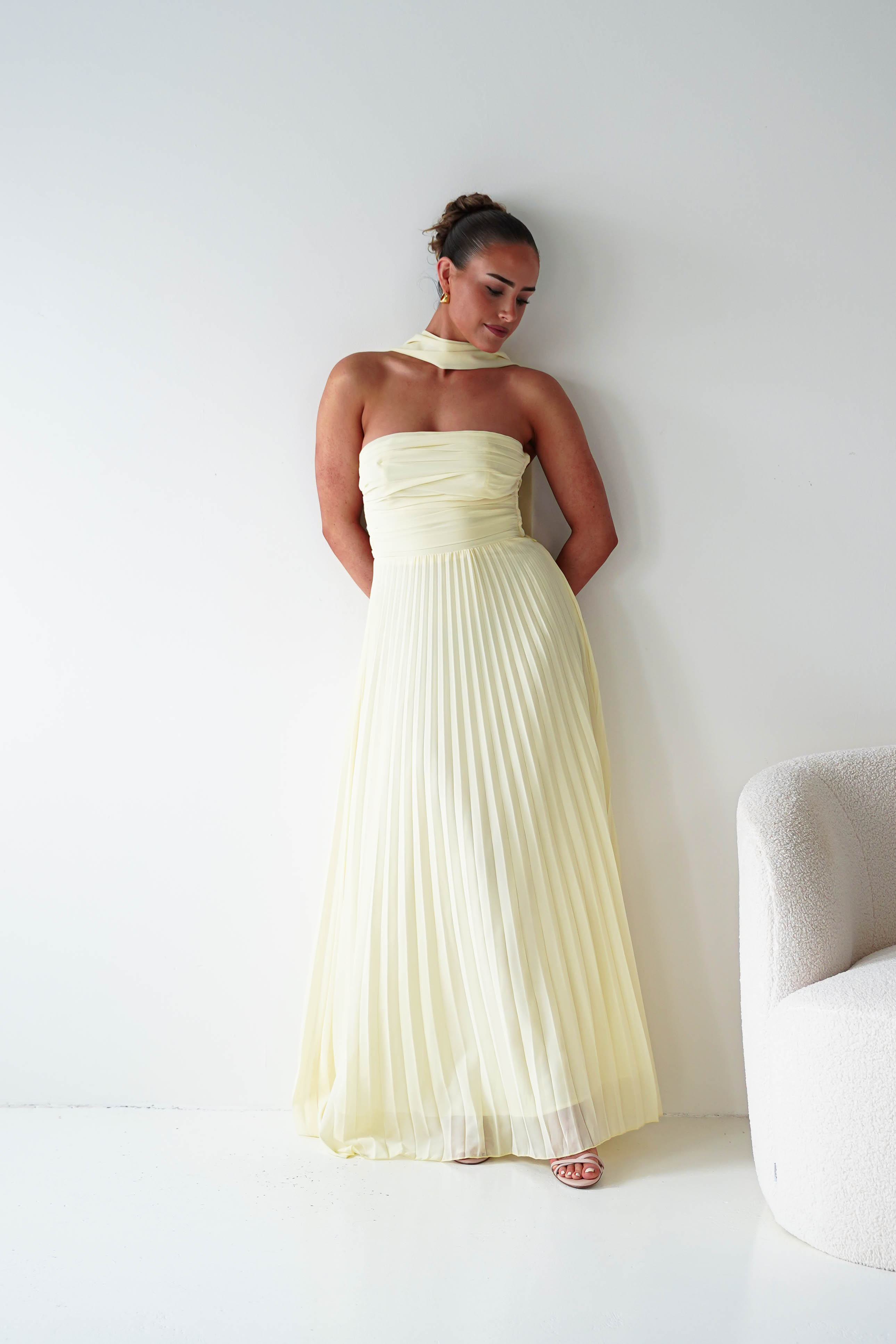 Oh Hello Clothing Women > Clothing > Dresses 1*DONE- SHAREEN COLLECTION-Yellow Pleated Strapless Maxi Dress with Scarf-MD08889-2 (Copy)