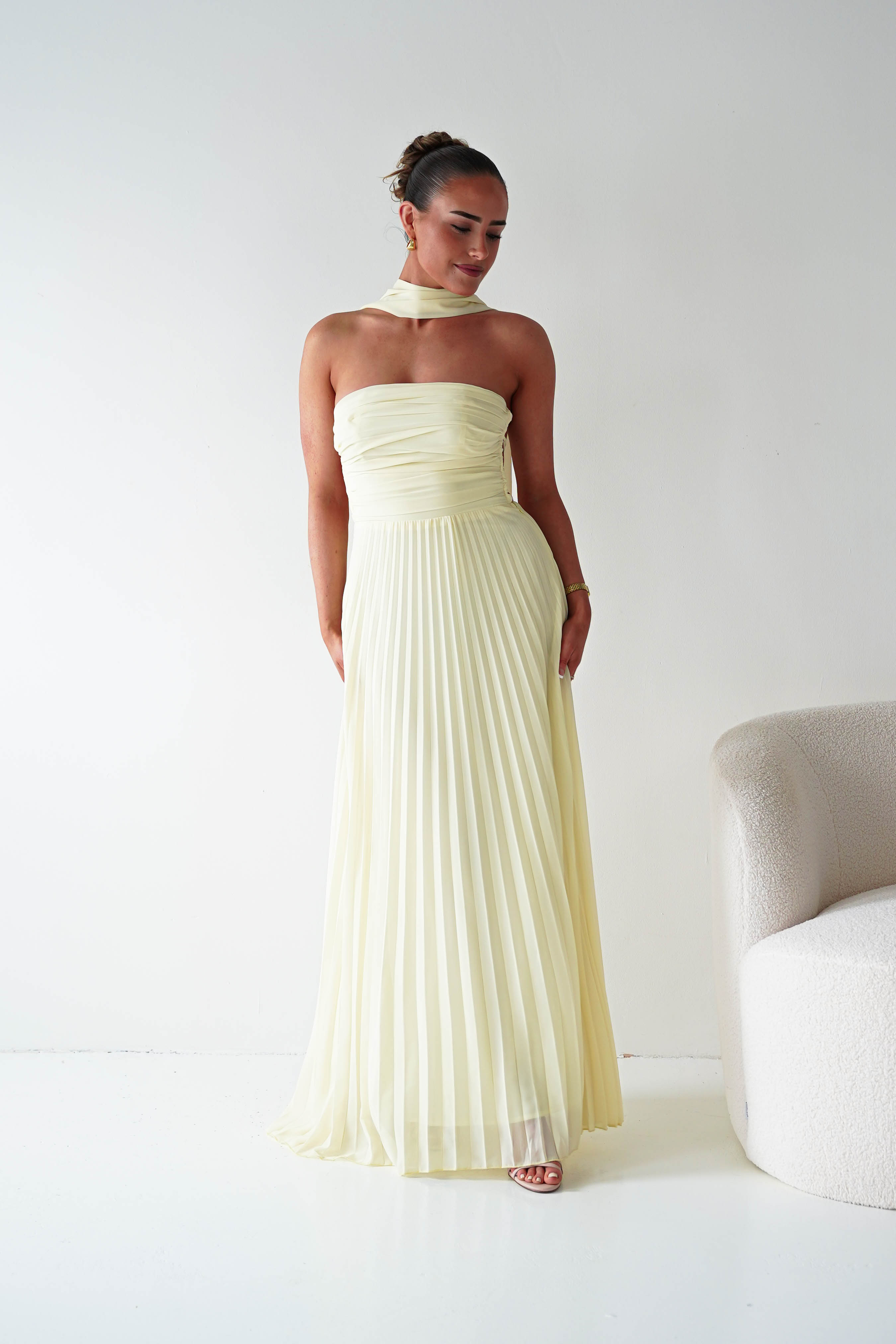 Oh Hello Clothing Women > Clothing > Dresses 1*DONE- SHAREEN COLLECTION-Yellow Pleated Strapless Maxi Dress with Scarf-MD08889-2 (Copy)