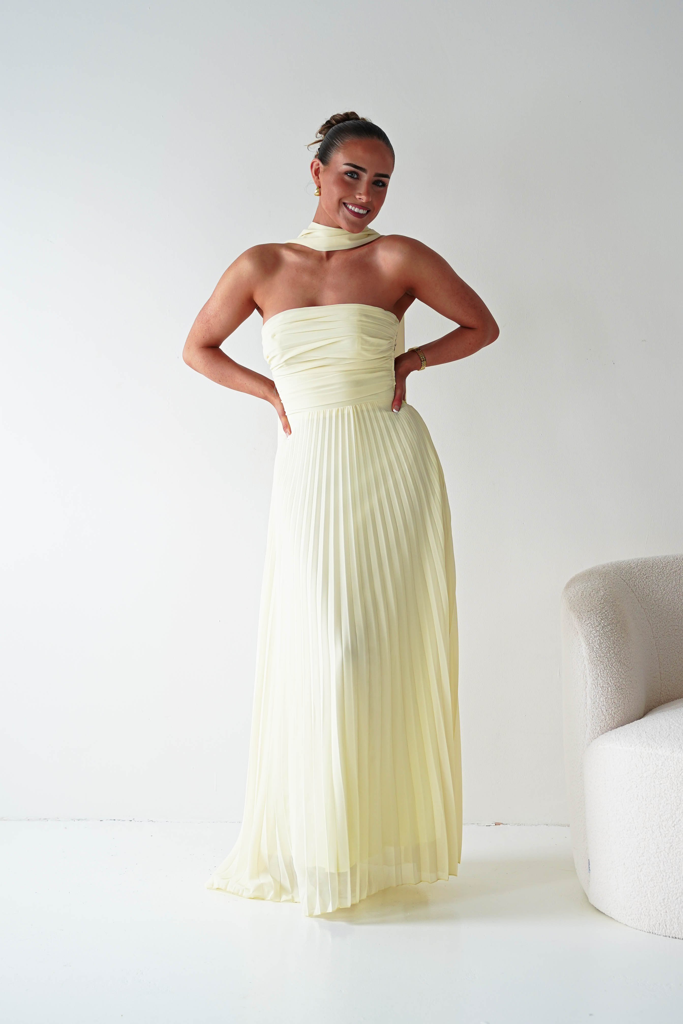 Oh Hello Clothing Women > Clothing > Dresses 1*DONE- SHAREEN COLLECTION-Yellow Pleated Strapless Maxi Dress with Scarf-MD08889-2 (Copy)