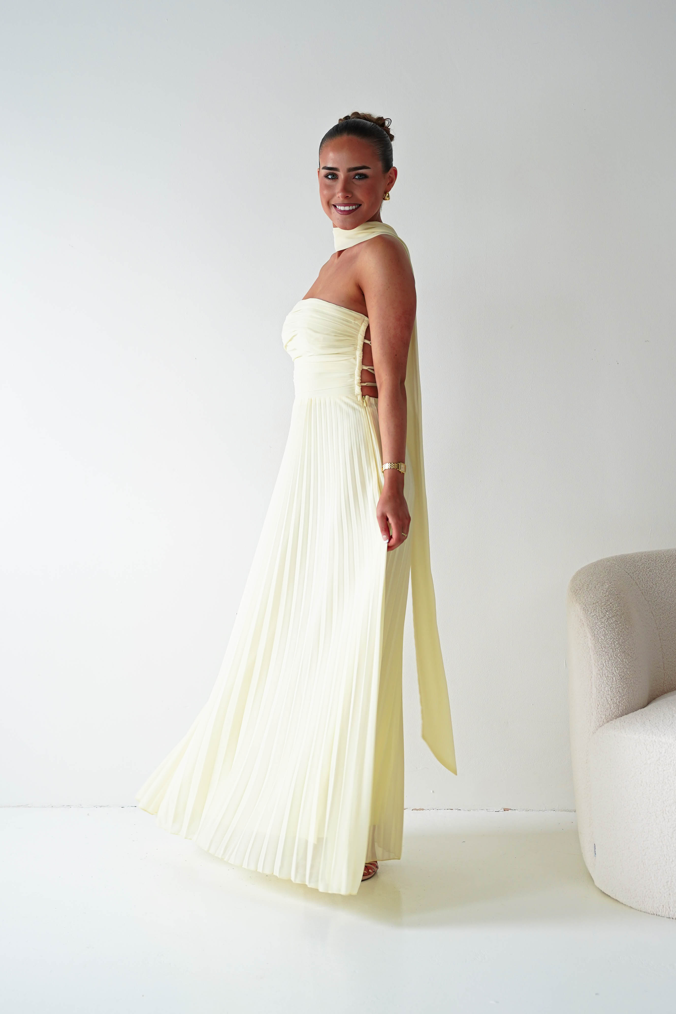Oh Hello Clothing Women > Clothing > Dresses 1*DONE- SHAREEN COLLECTION-Yellow Pleated Strapless Maxi Dress with Scarf-MD08889-2 (Copy)