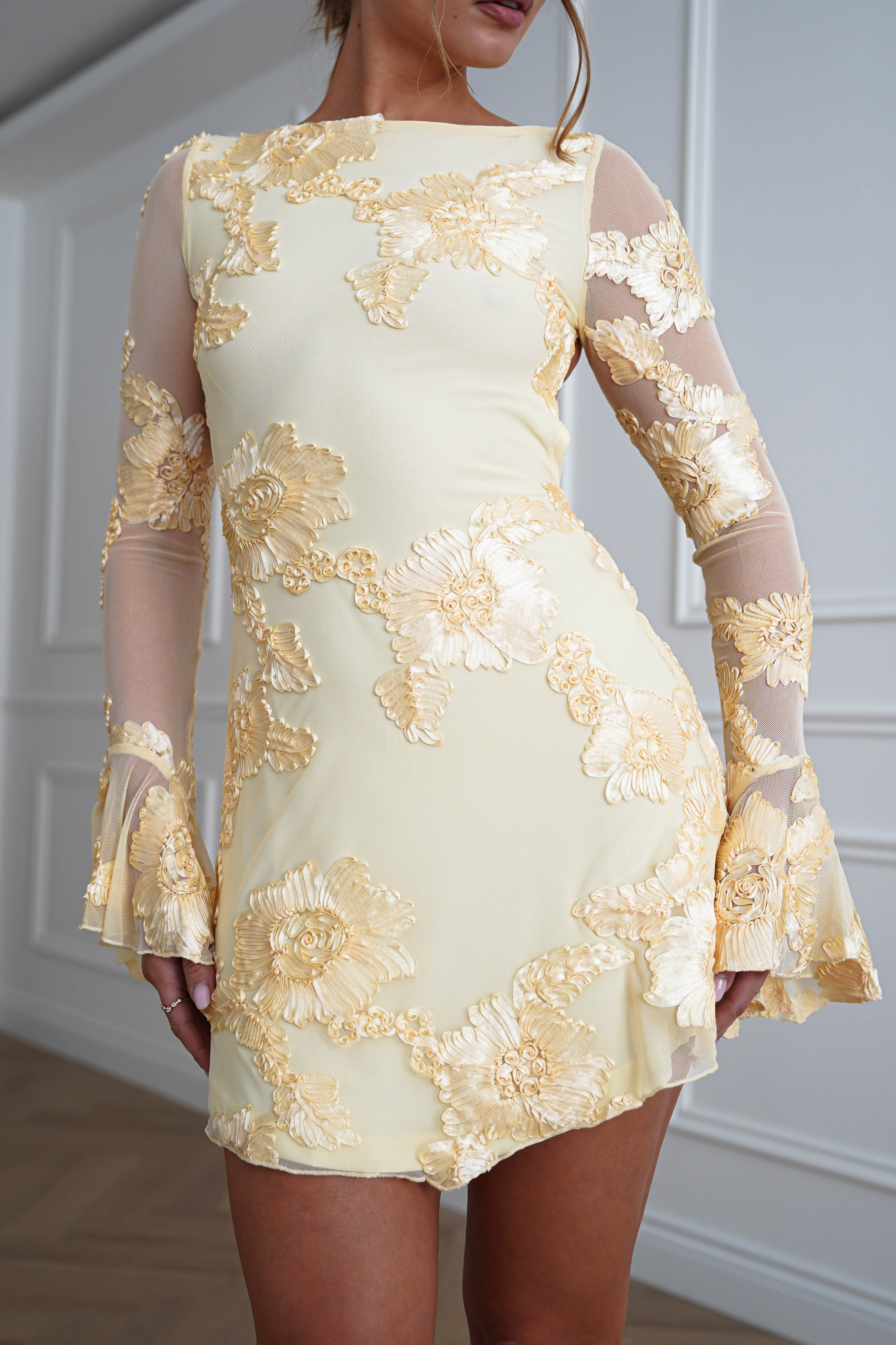 Oh Hello Clothing Dresses > Prom Dresses 1*DONE-SHAREEN-MD08965- YELLOW MESH MINI DRESS
