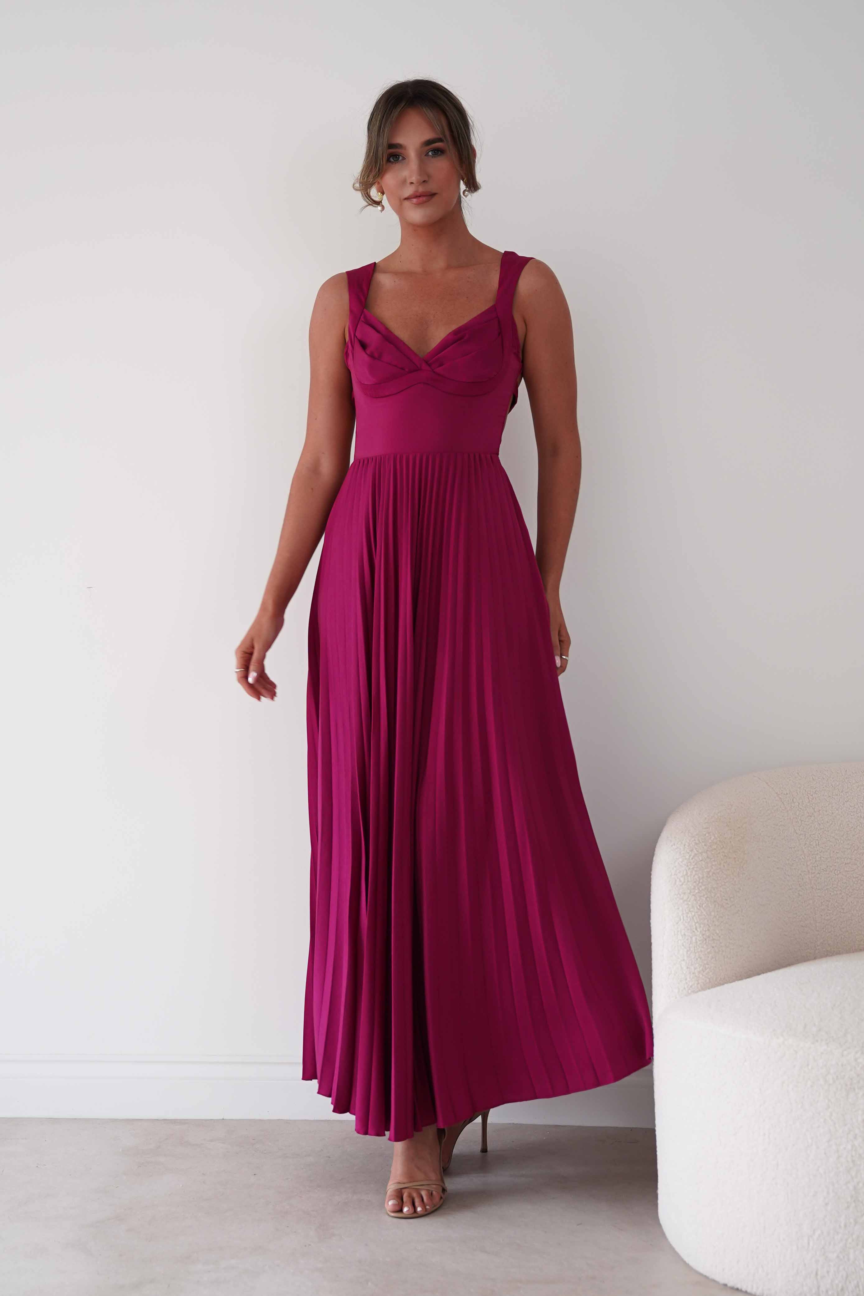 Oh Hello Clothing Women > Clothing > Dresses 1*DONE- SHAREEN-MD10021-Pleated Satin Maxi Dress/ berry red(Copy) (Copy)