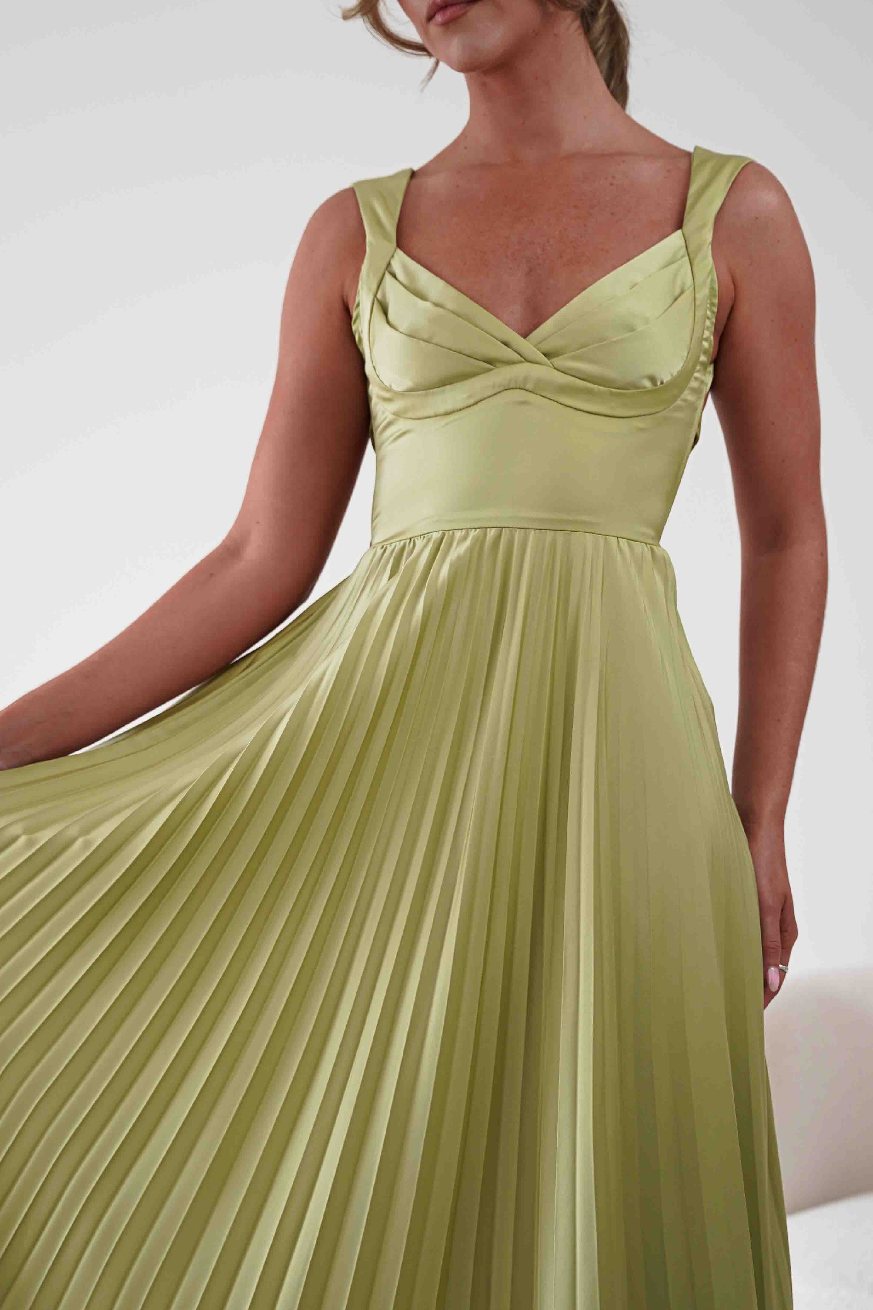 Oh Hello Clothing Women > Clothing > Dresses 1*DONE- SHAREEN-MD10021-Pleated Satin Maxi Dress/ LIME
