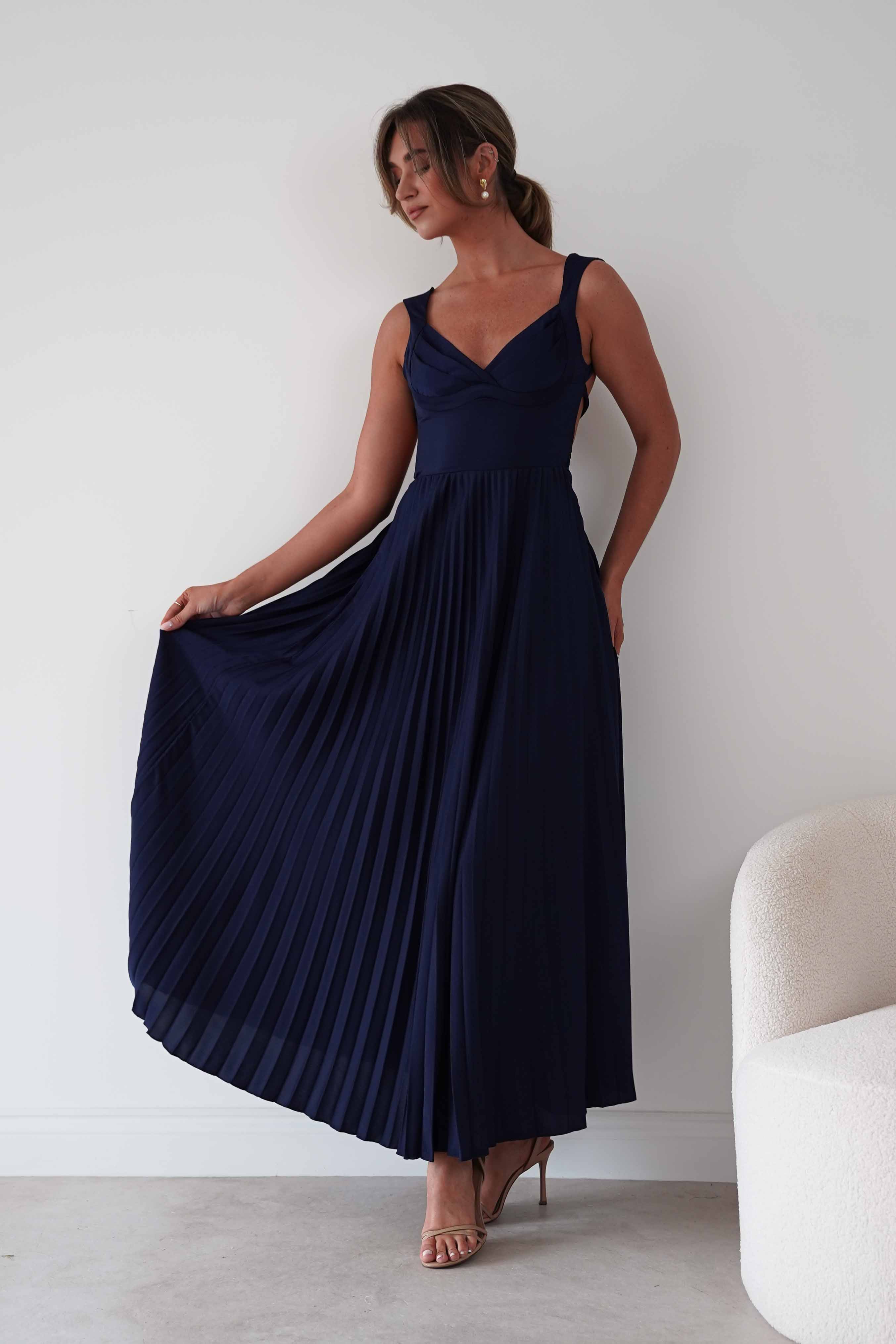 Oh Hello Clothing Women > Clothing > Dresses 1*DONE- SHAREEN-MD10021-Pleated Satin Maxi Dress/ Navy(Copy)