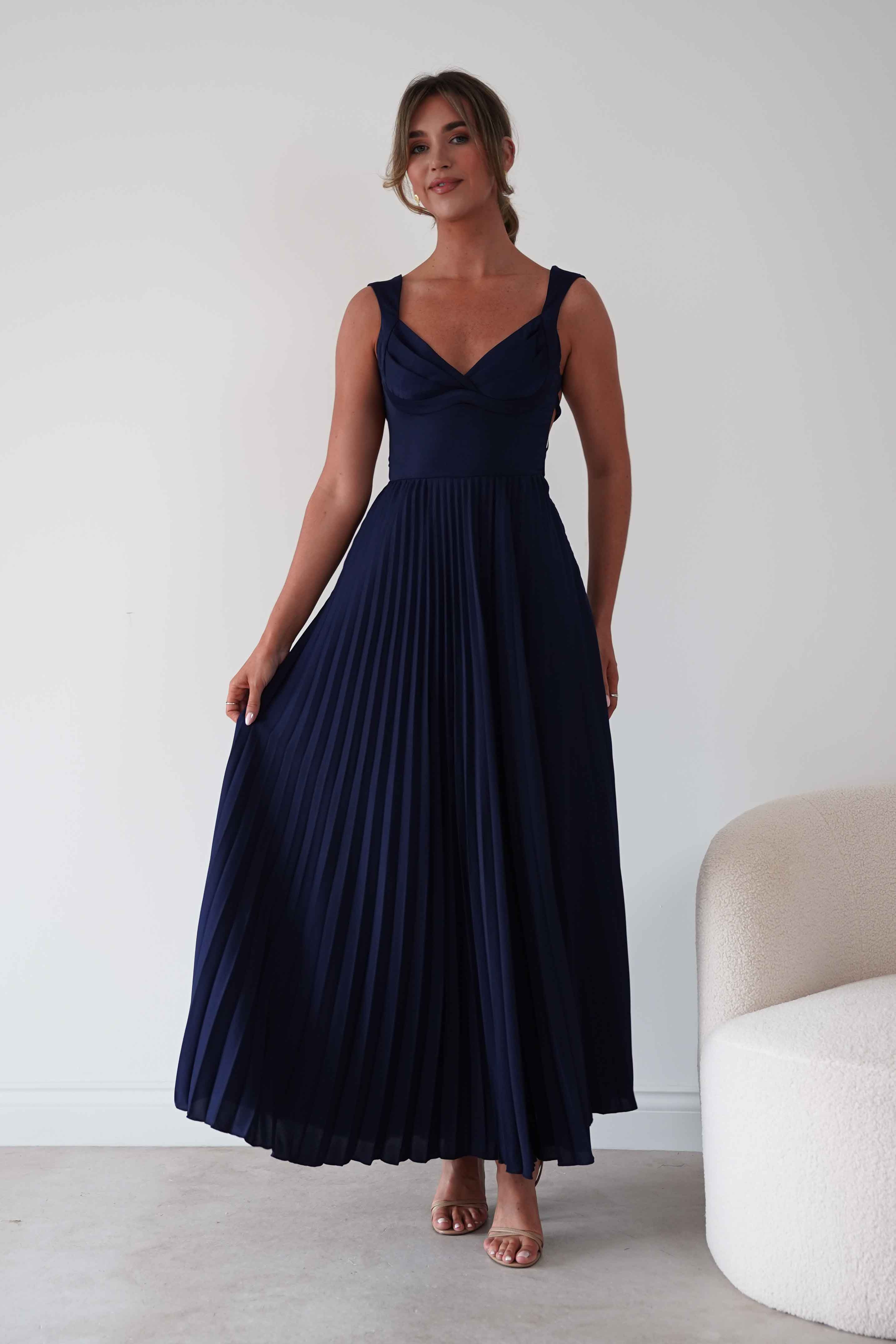 Oh Hello Clothing Women > Clothing > Dresses 1*DONE- SHAREEN-MD10021-Pleated Satin Maxi Dress/ Navy(Copy)
