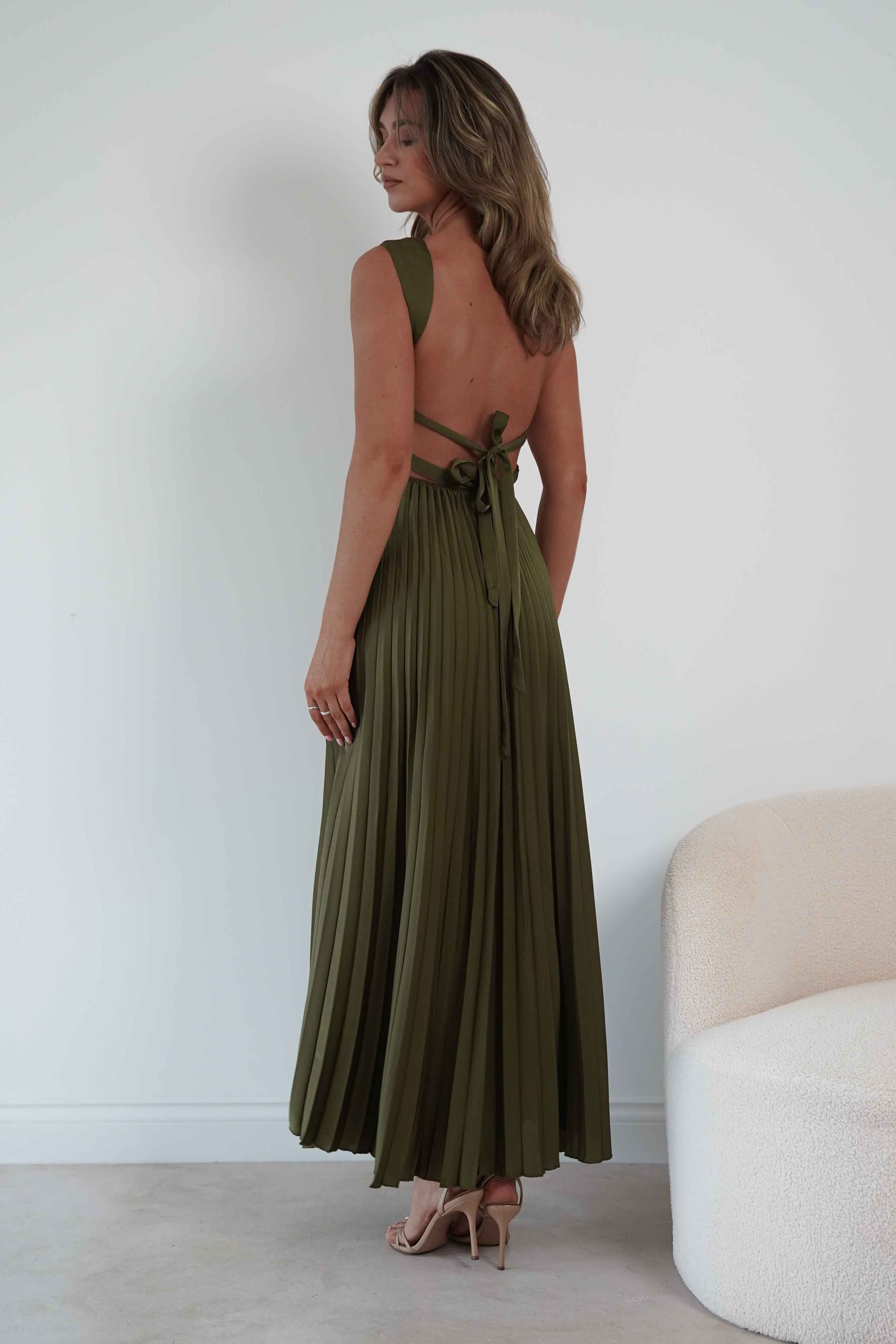 Oh Hello Clothing Women > Clothing > Dresses 1*DONE- SHAREEN-MD10021-Pleated Satin Maxi Dress/ olive (Copy) (Copy) (Copy)