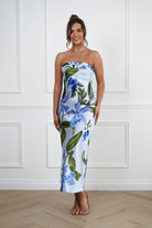 Oh Hello Clothing Women > Clothing > Dresses 1*DONE -SHAREENCOLLECTION-AD04802-59-Blue Floral Off-Shoulder Satin Midi Dress