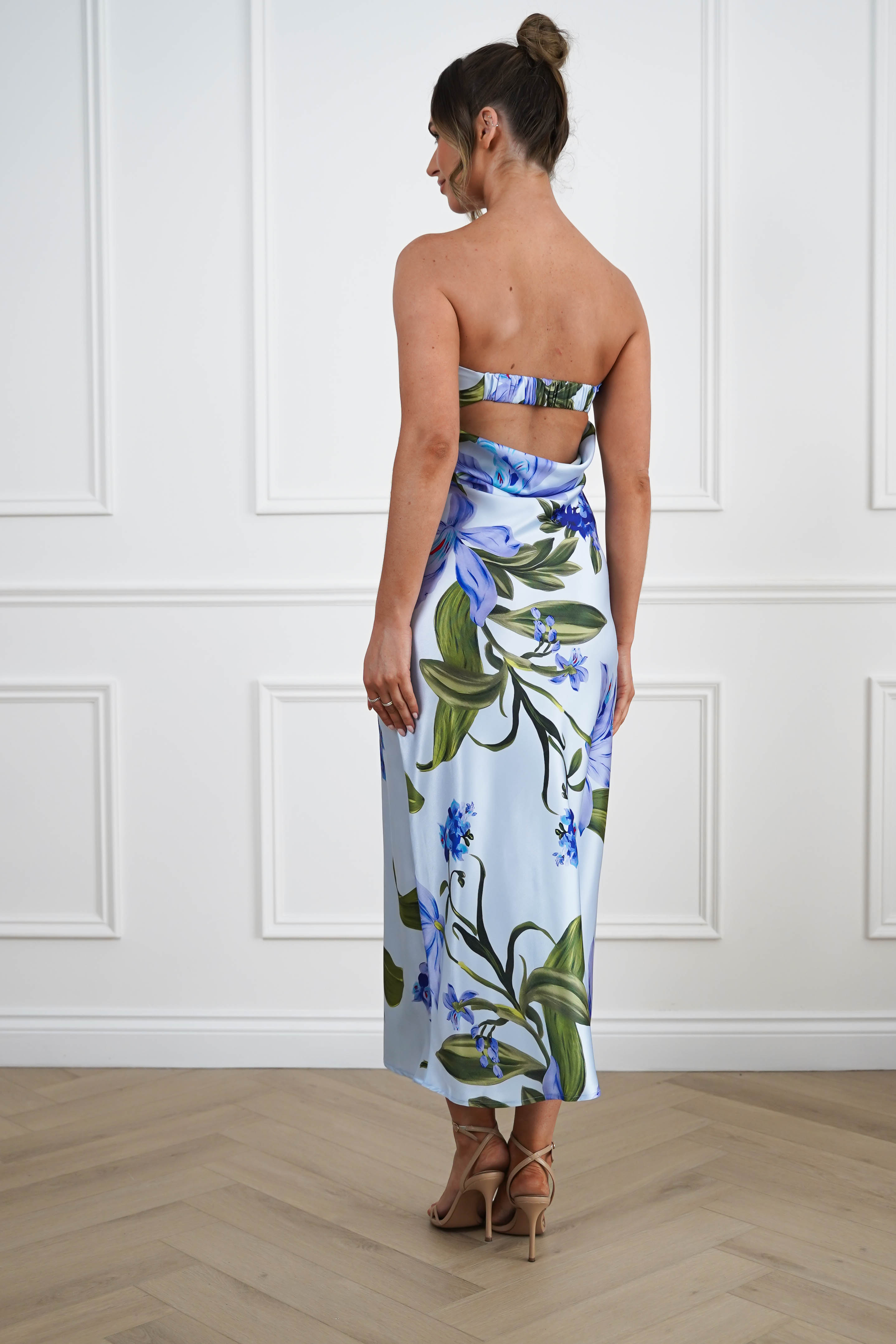 Oh Hello Clothing Women > Clothing > Dresses 1*DONE -SHAREENCOLLECTION-AD04802-59-Blue Floral Off-Shoulder Satin Midi Dress