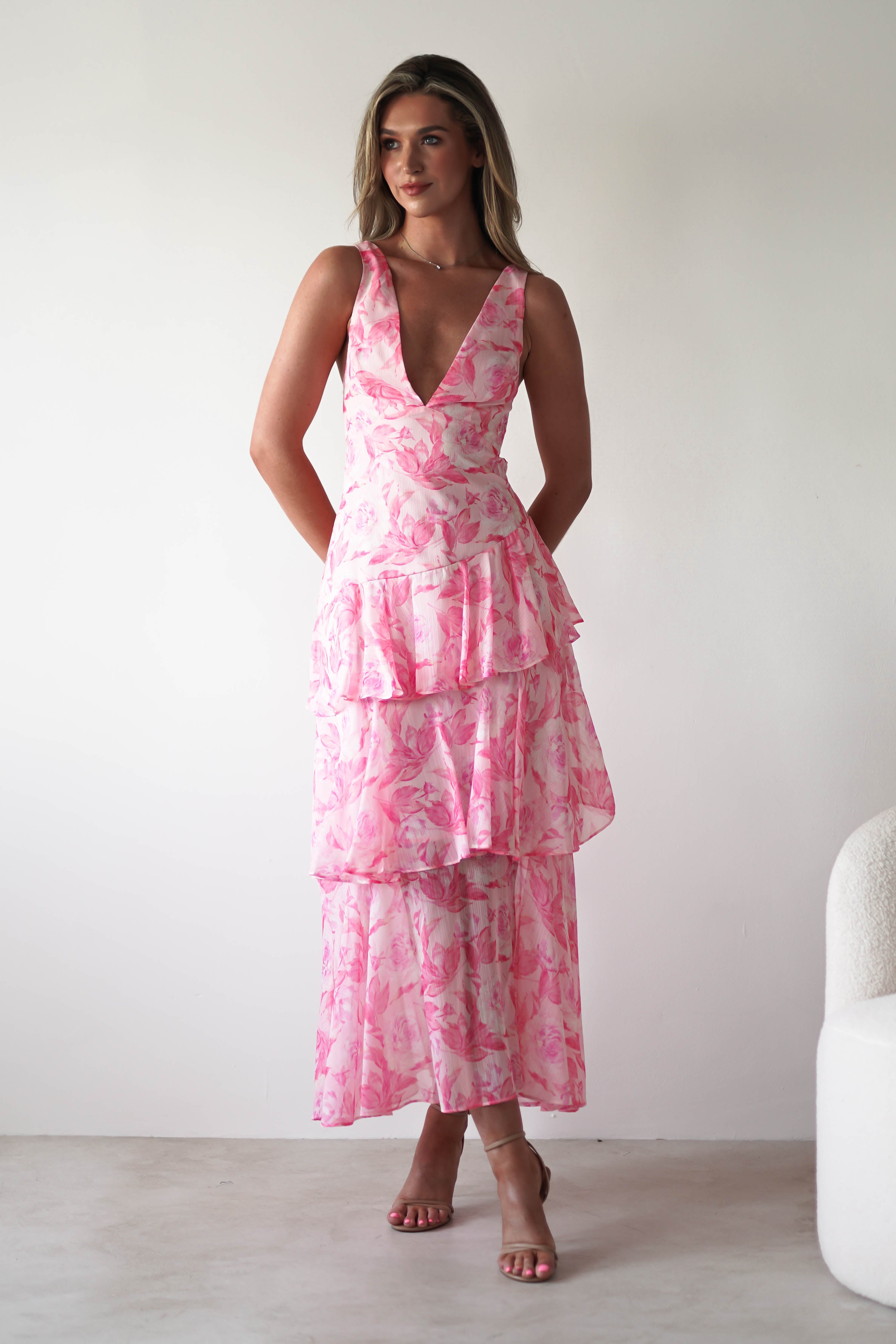Quincy Floral Ruffle Maxi Dress Pink Print | Wedding Guest Dress | Maxi | Oh Hello Clothing
