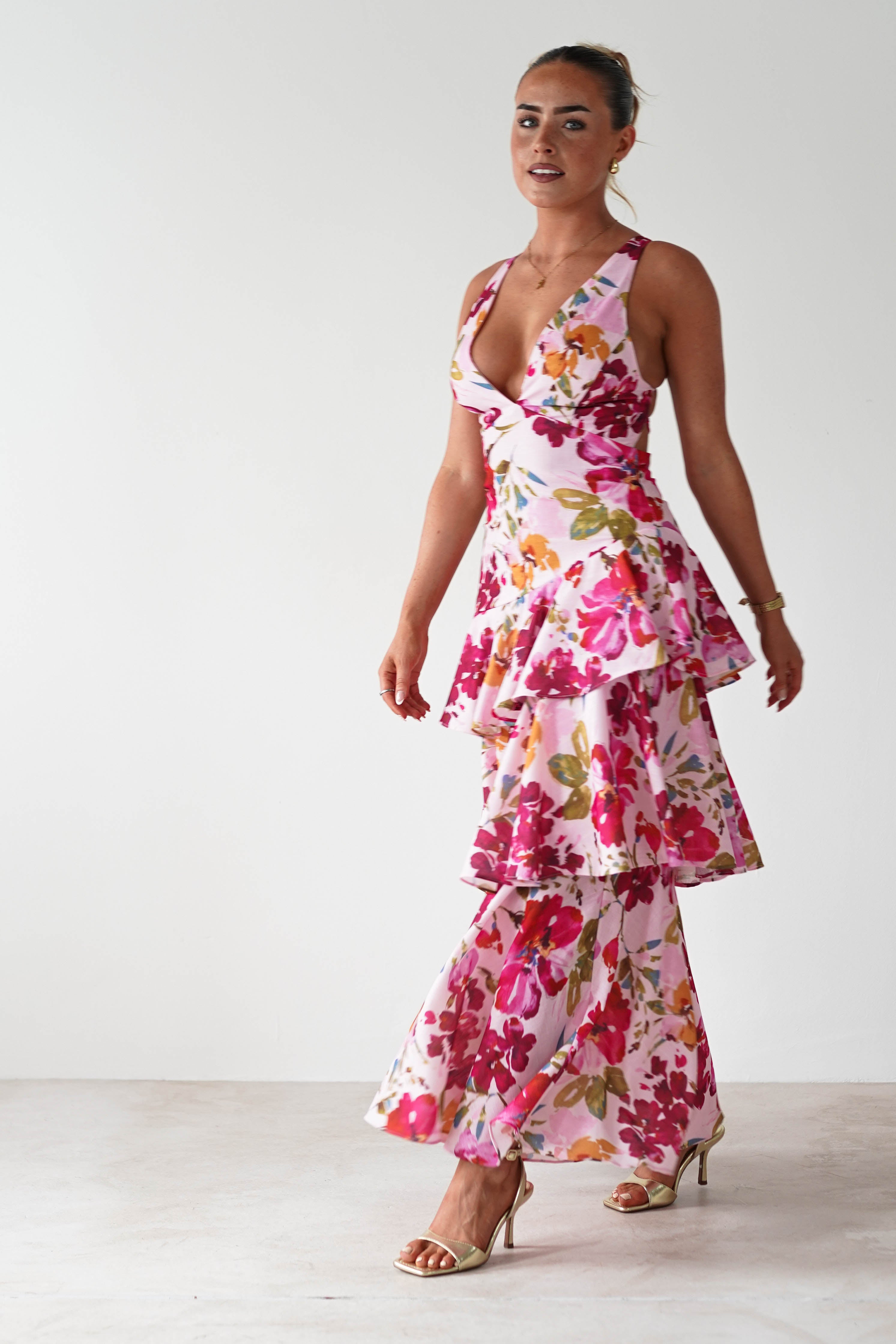 Katrina Floral Print Cotton Ruffle Maxi Dress Pink | Wedding Guest Dress | Maxi | Oh Hello Clothing