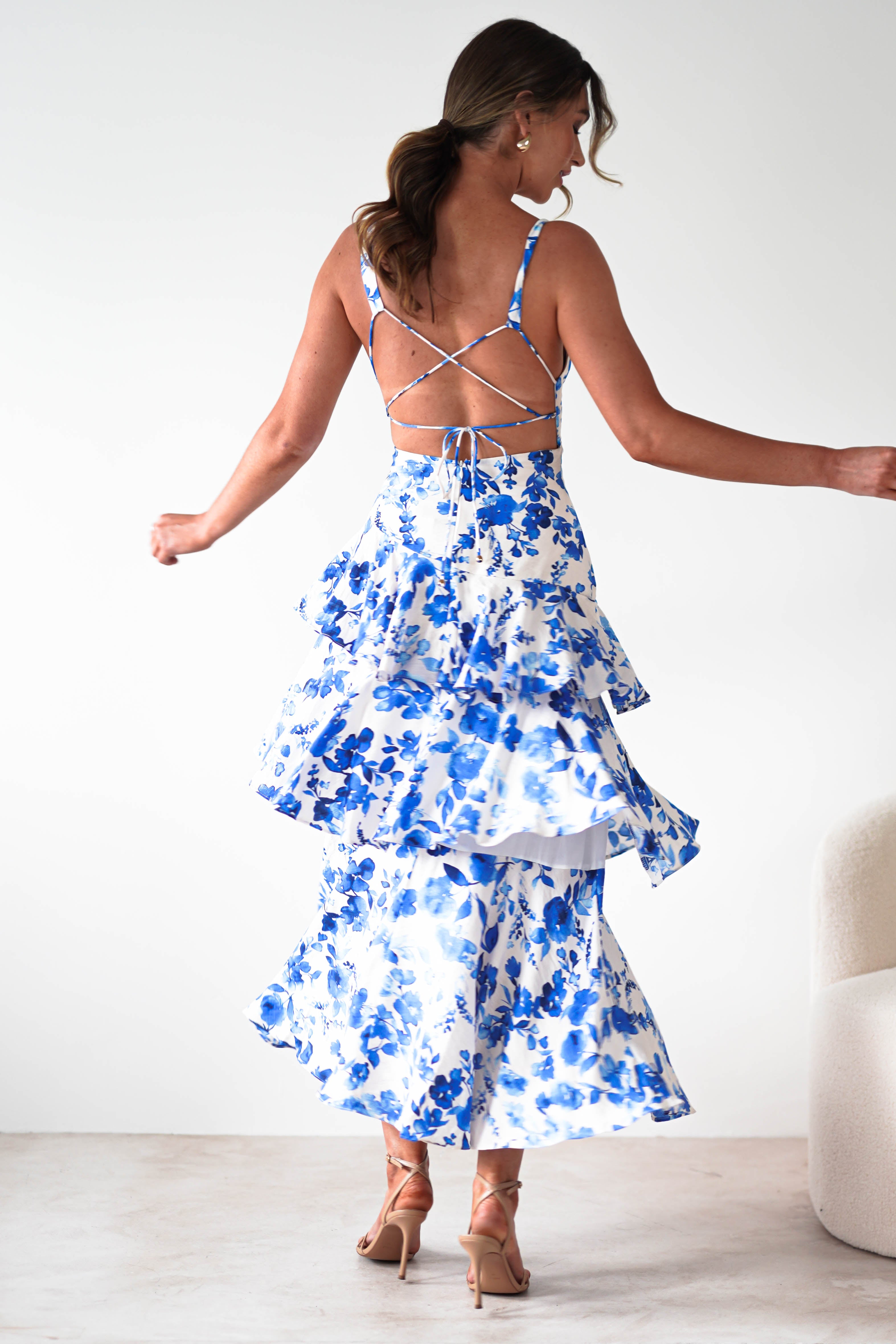 Varana Floral Ruffle Maxi Dress Blue Print | Wedding Guest Dress | Maxi | Oh Hello Clothing