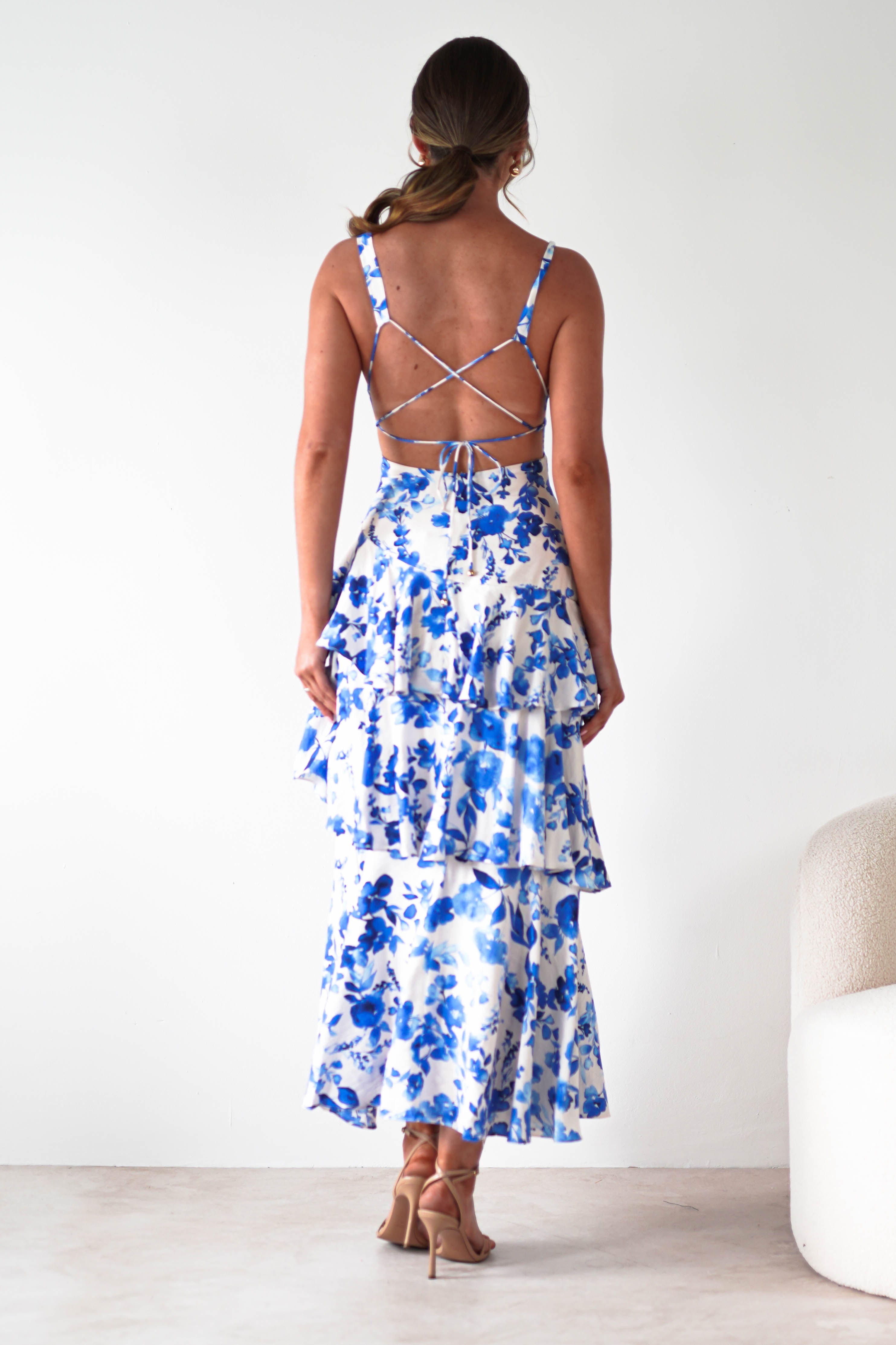 Varana Floral Ruffle Maxi Dress Blue Print | Wedding Guest Dress | Maxi | Oh Hello Clothing