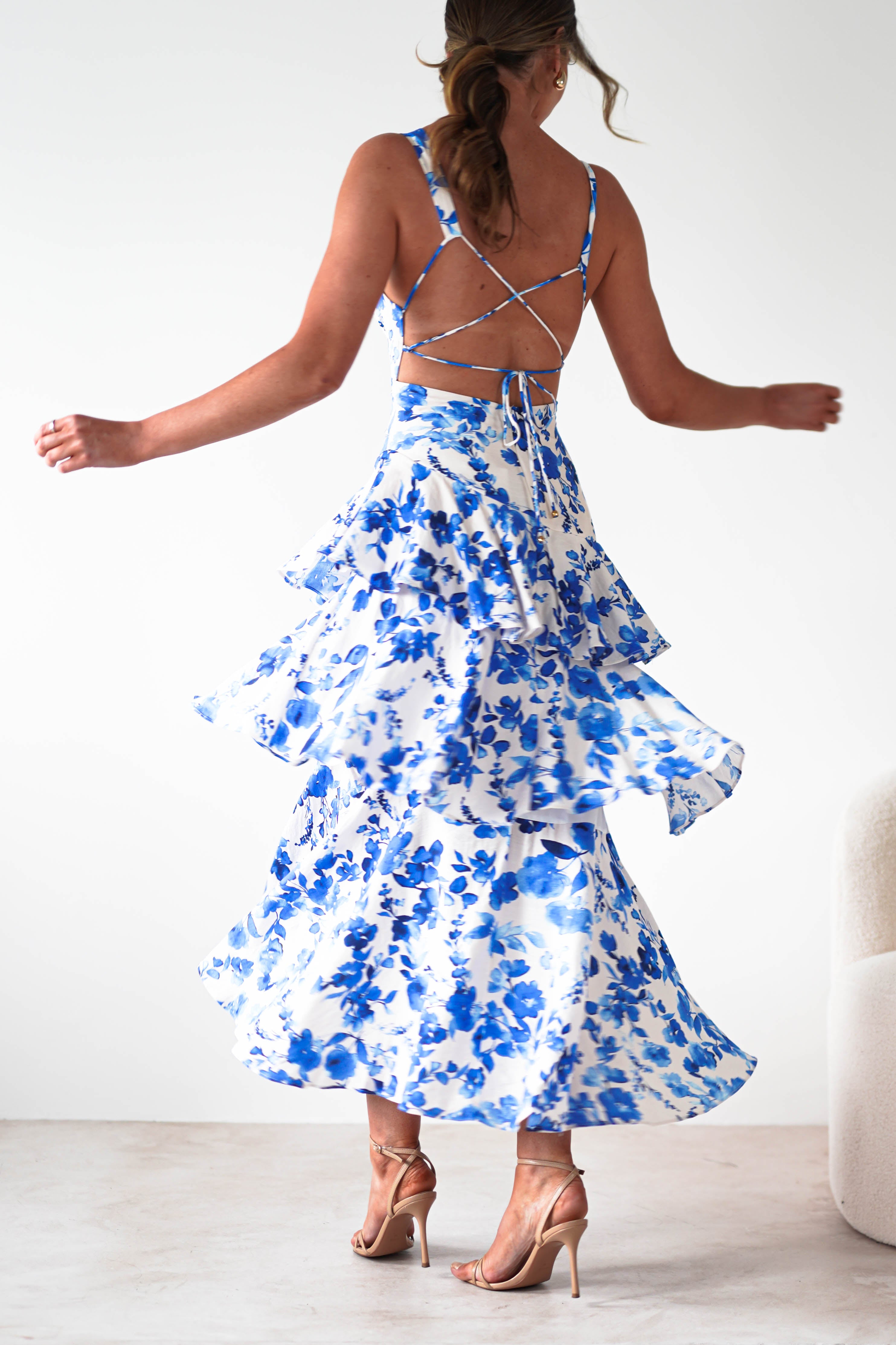 Varana Floral Ruffle Maxi Dress Blue Print | Wedding Guest Dress | Maxi | Oh Hello Clothing