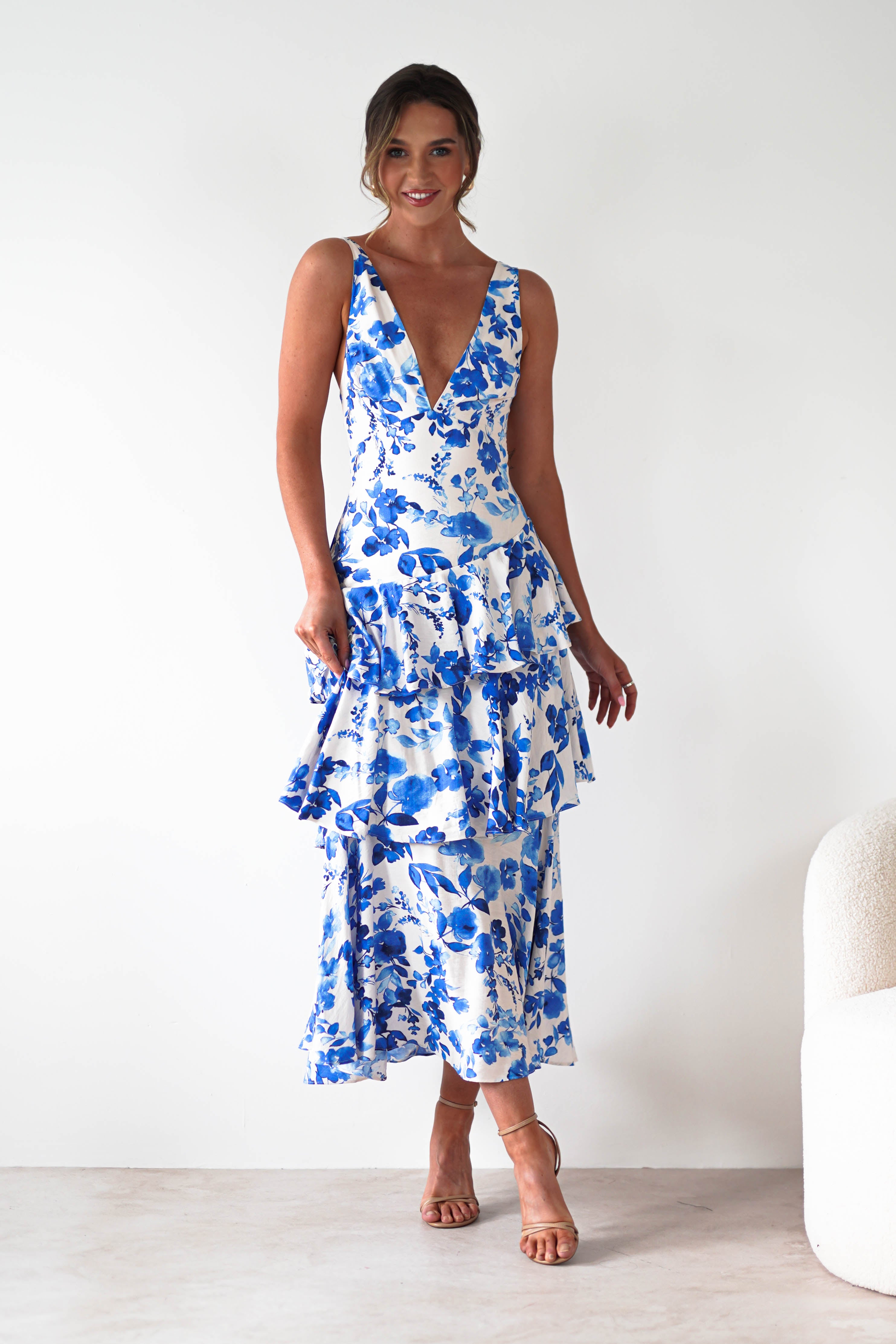 Varana Floral Ruffle Maxi Dress Blue Print | Wedding Guest Dress | Maxi | Oh Hello Clothing