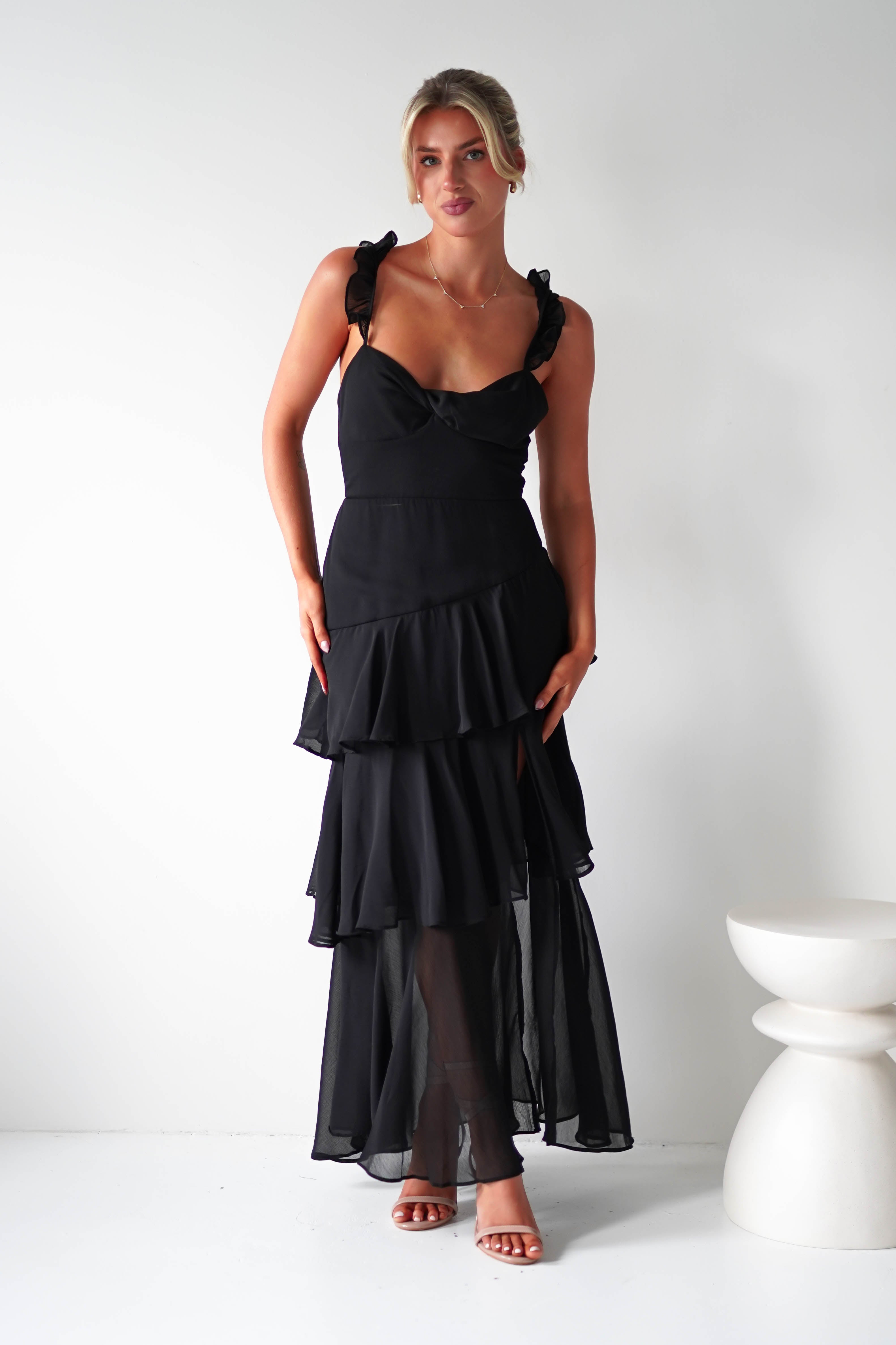 Victoria Ruffle Midaxi Dress Black | Wedding Guest Dress | Oh Hello Clothing
