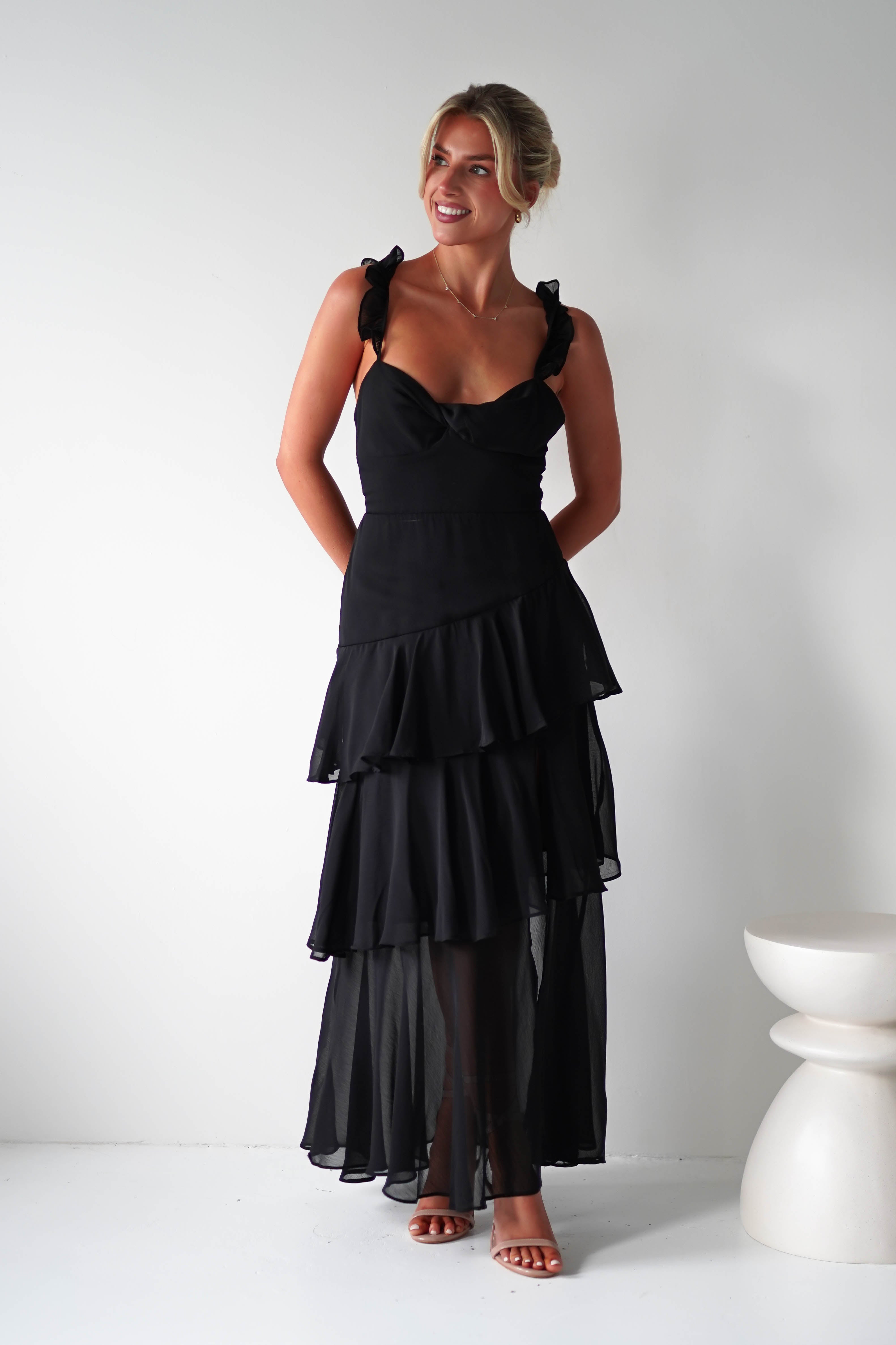 Victoria Ruffle Midaxi Dress Black | Wedding Guest Dress | Oh Hello Clothing