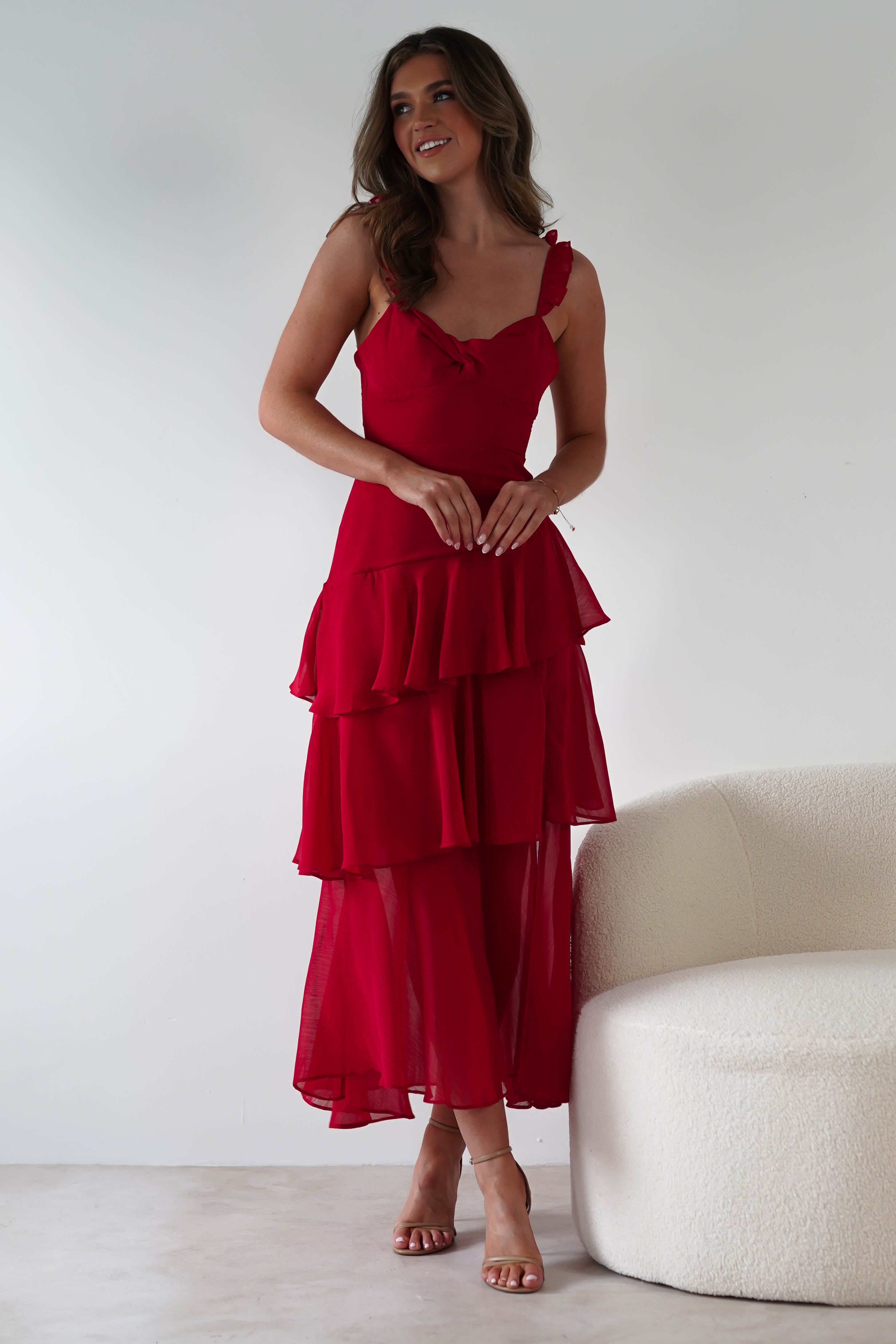 Victoria Ruffle Midaxi Dress Red | Wedding Guest Dress | Oh Hello Clothing