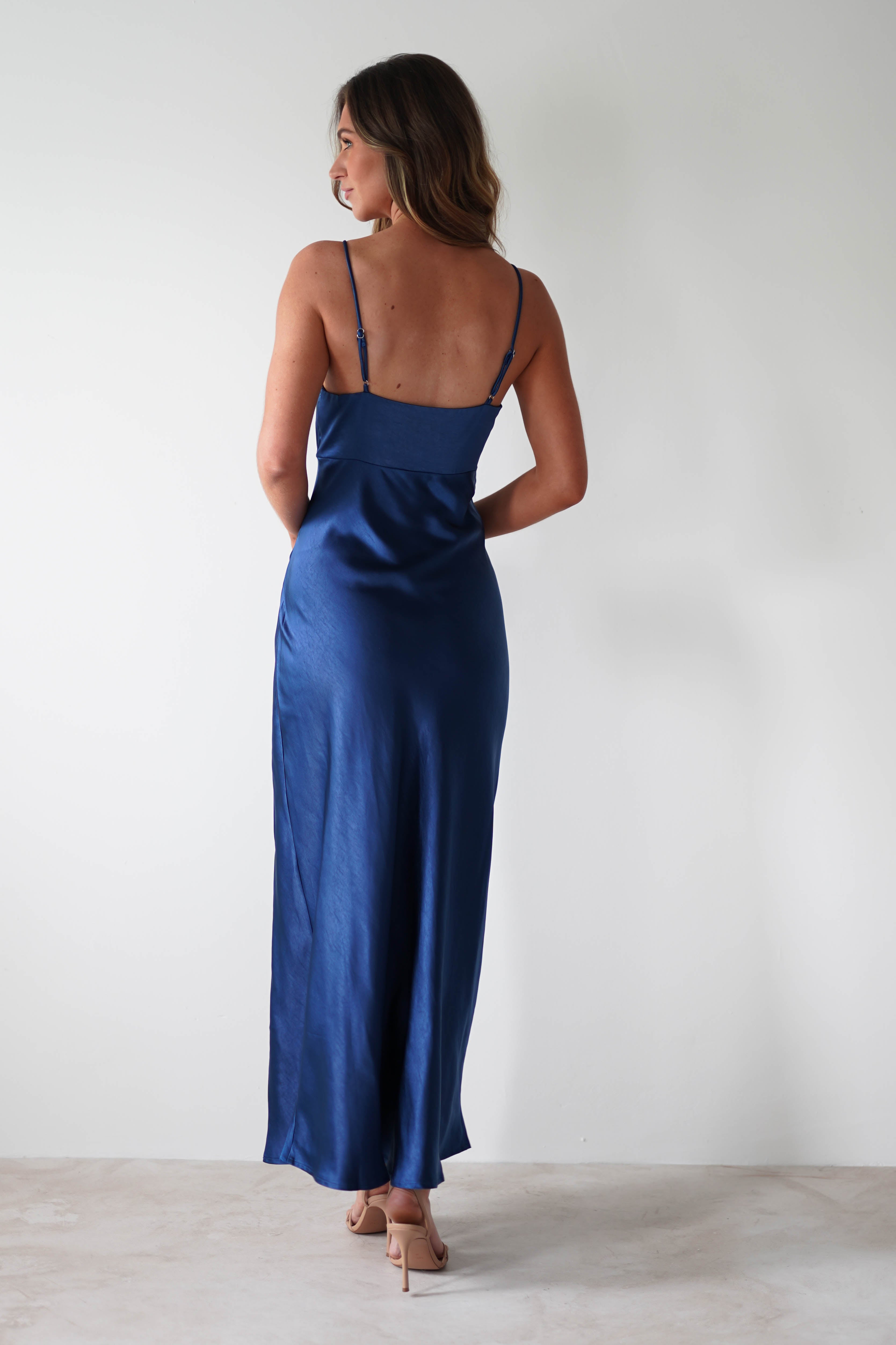 Pareesa Soft Satin Maxi Dress Navy | Wedding Guest Dress | Maxi | Satin | Oh Hello Clothing