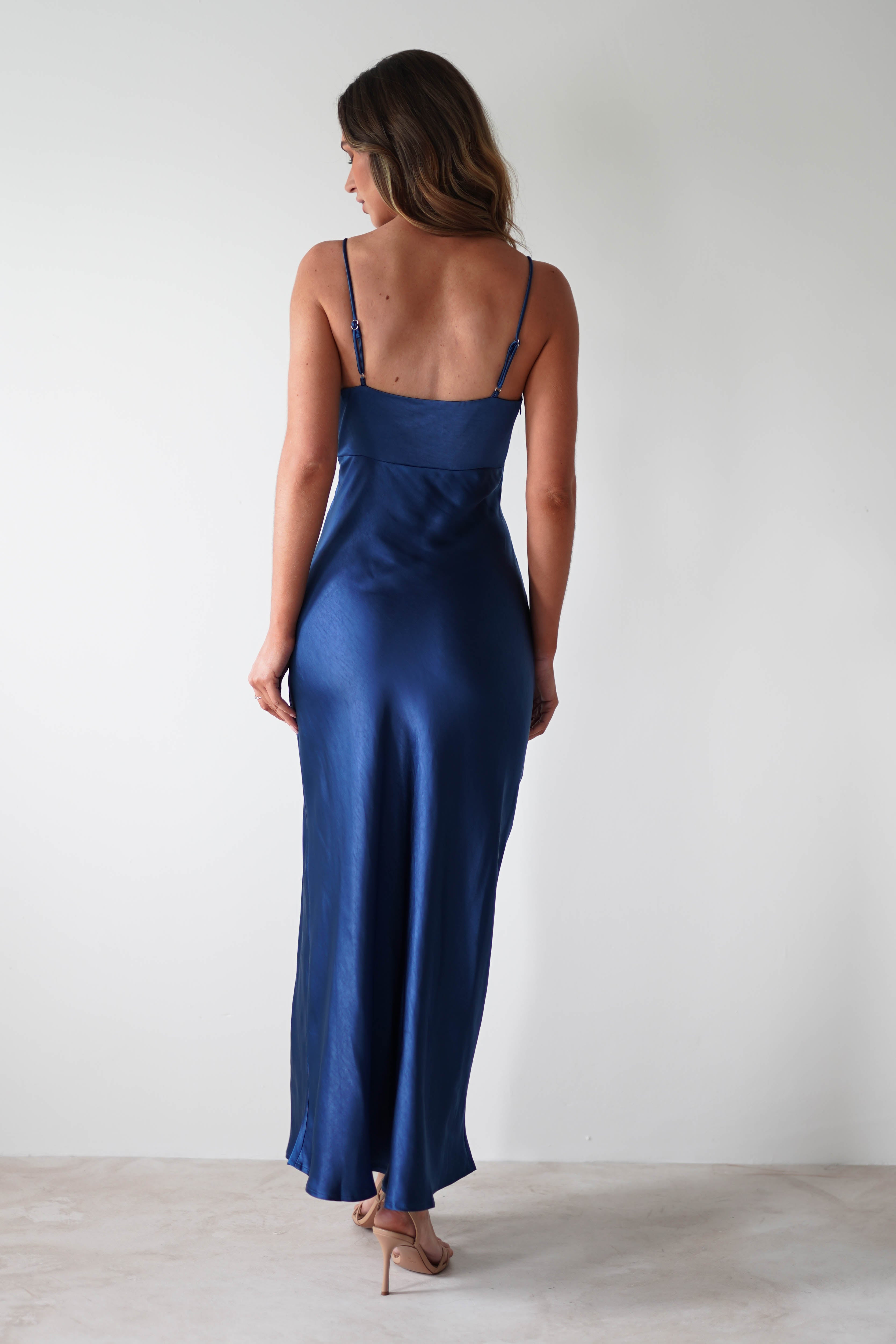 Pareesa Soft Satin Maxi Dress Navy | Wedding Guest Dress | Maxi | Satin | Oh Hello Clothing
