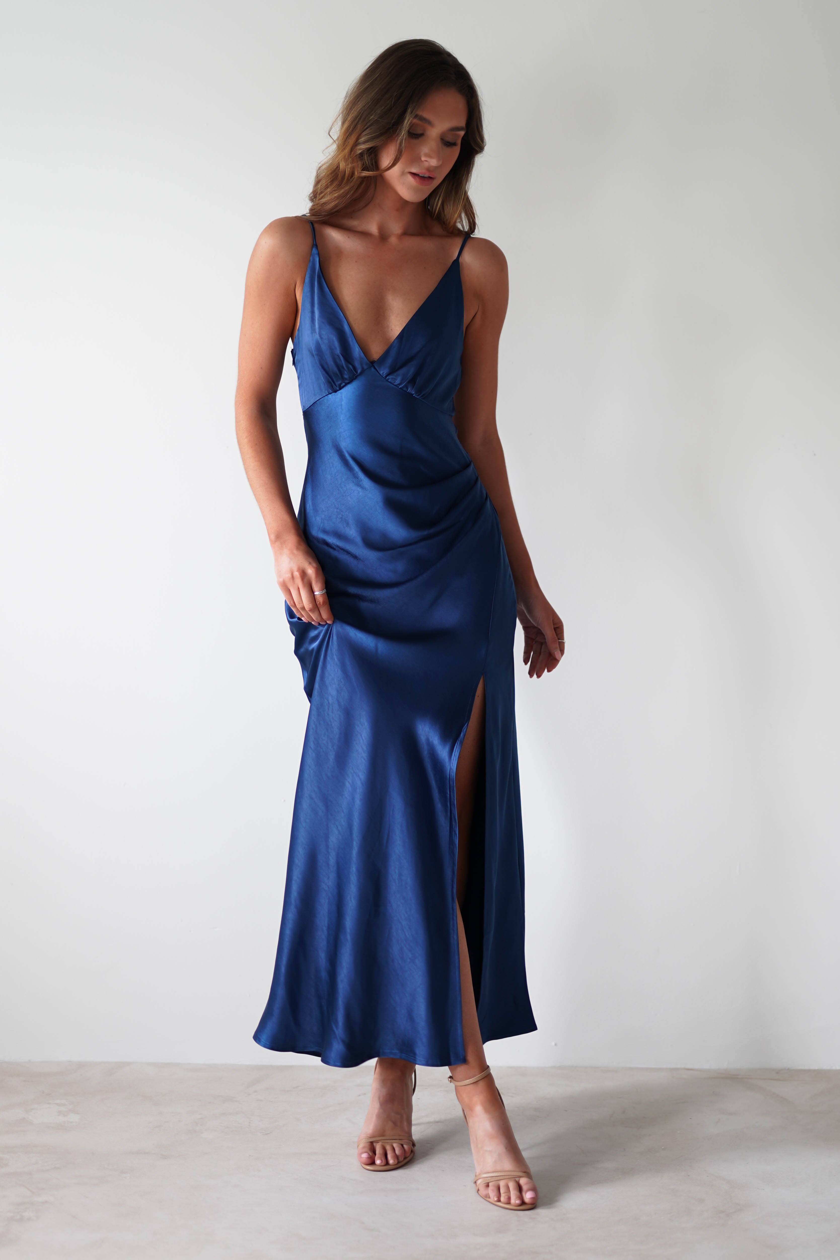 Pareesa Soft Satin Maxi Dress Navy | Wedding Guest Dress | Maxi | Satin | Oh Hello Clothing