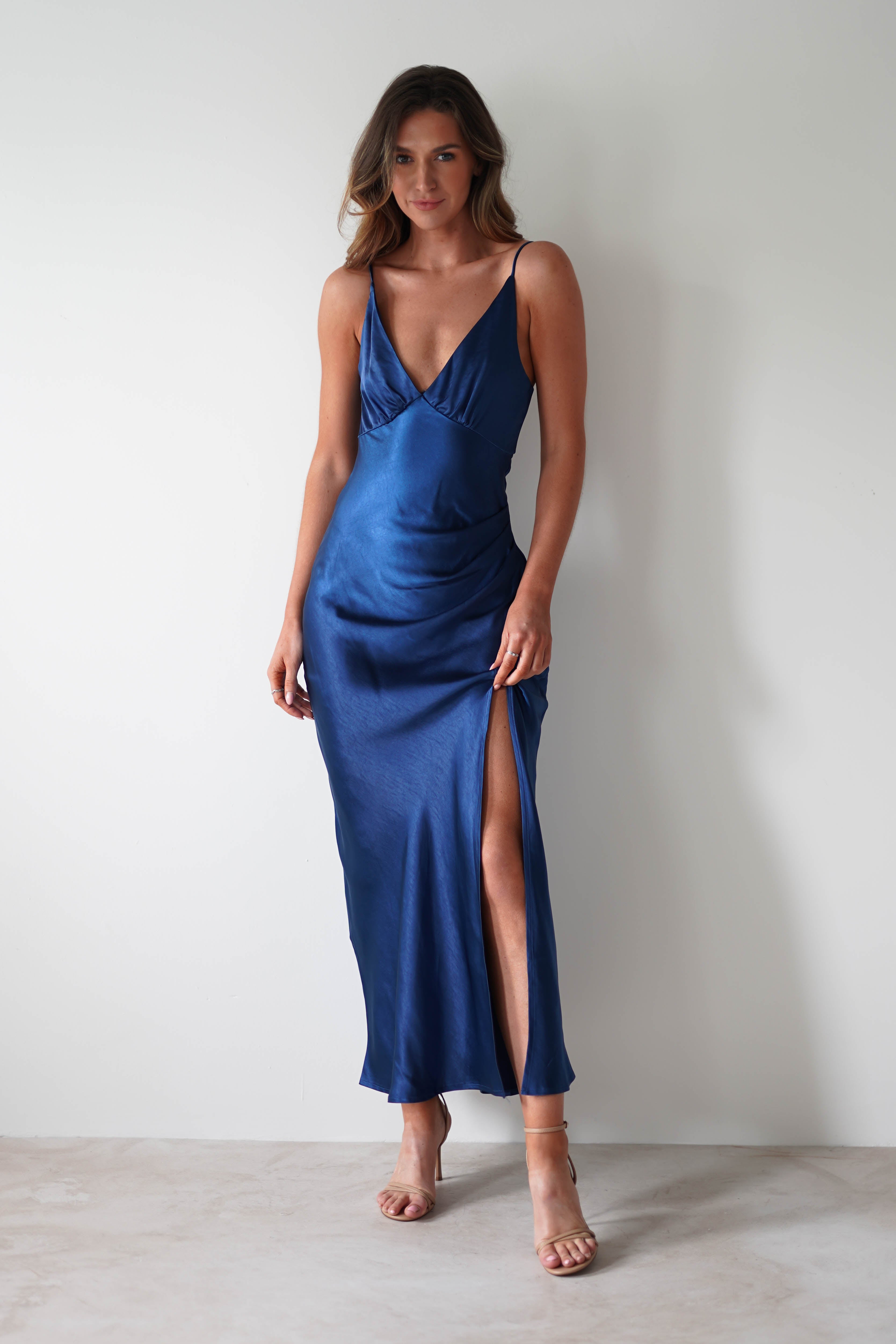 Pareesa Soft Satin Maxi Dress Navy | Wedding Guest Dress | Maxi | Satin | Oh Hello Clothing