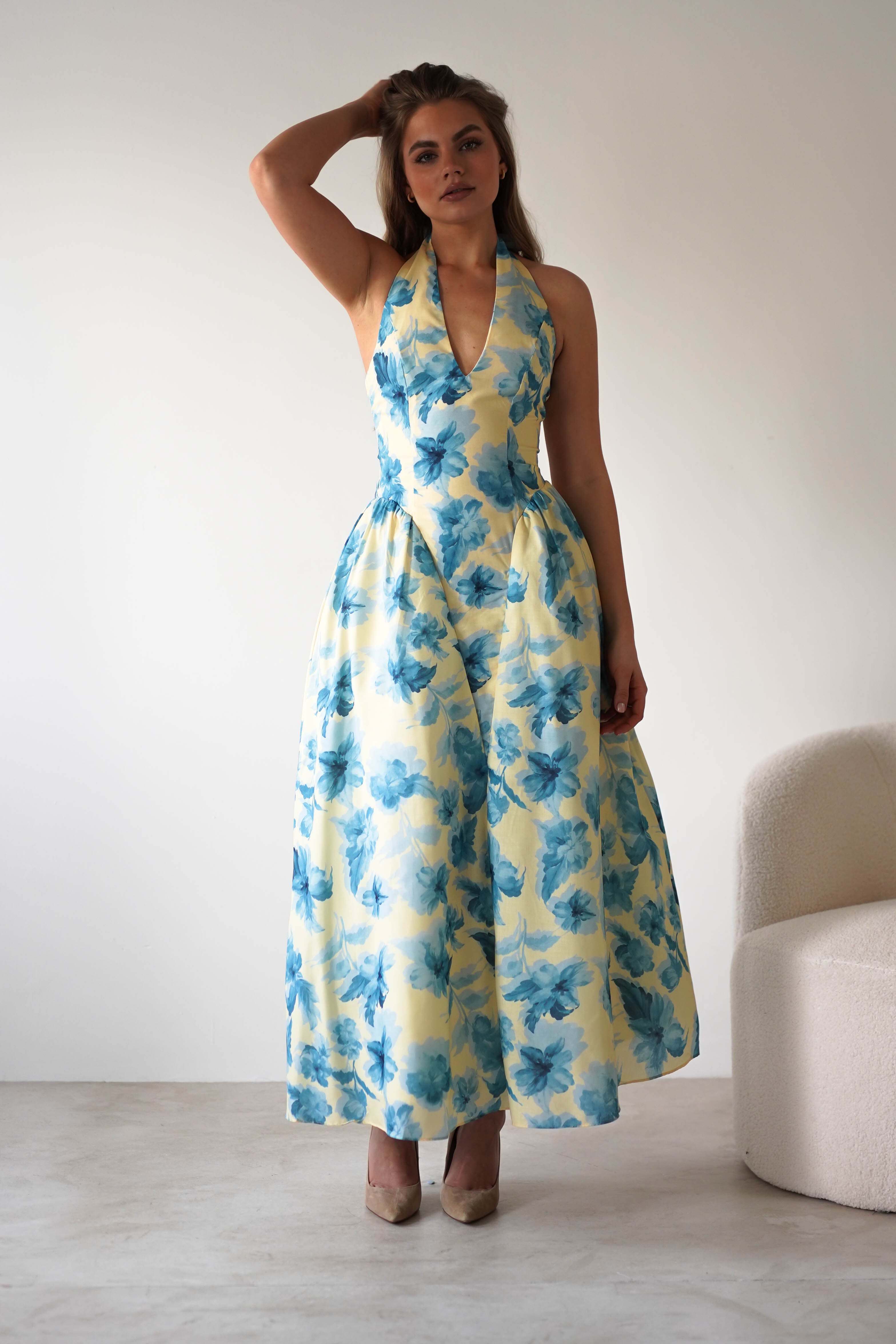Sabine Floral Bodied Maxi Dress Yellow/Blue | Wedding Guest Dress | Maxi | Oh Hello Clothing