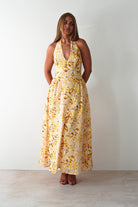 Mina Halterneck Floral Skater Maxi Dress Yellow | Wedding Guest Dress | Halter Neck | Maxi | Oh Hello Clothing