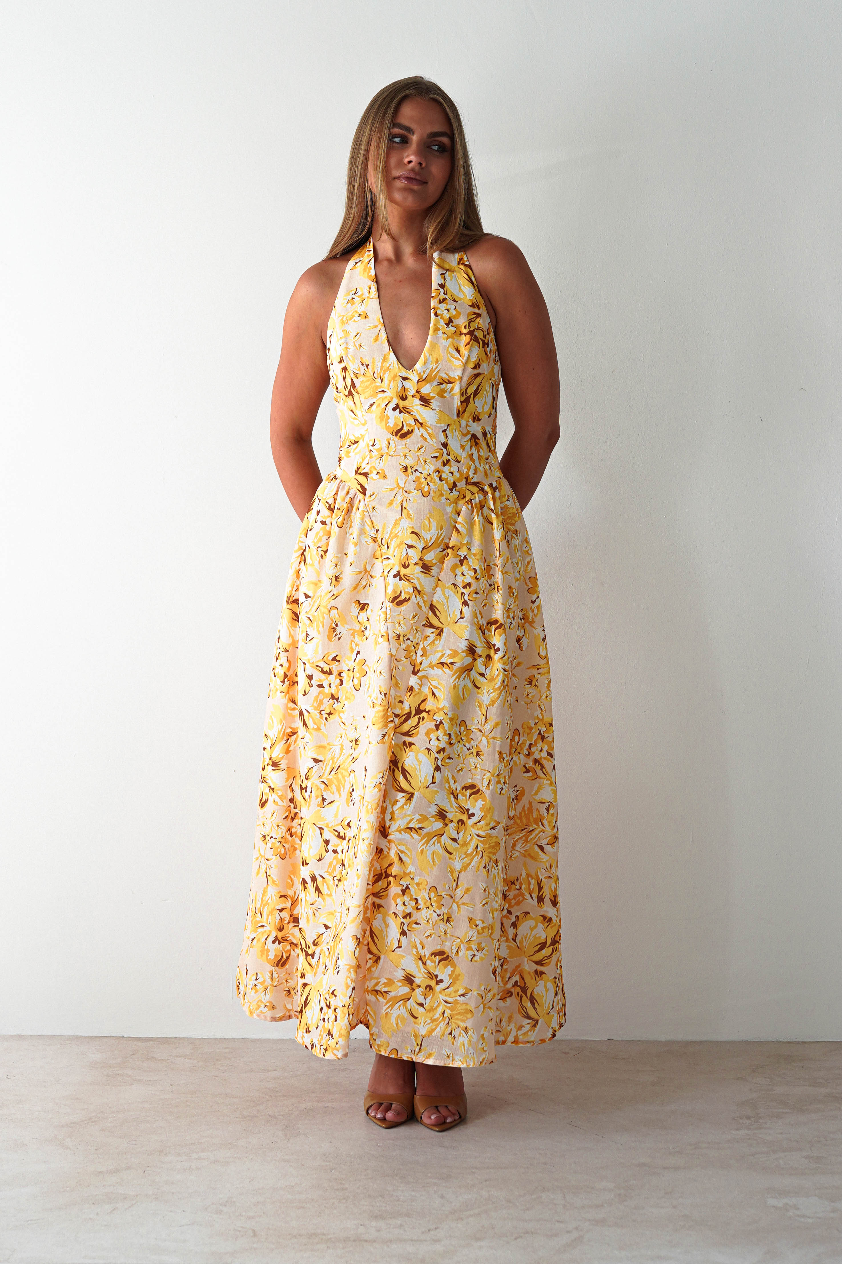 Mina Halterneck Floral Skater Maxi Dress Yellow | Wedding Guest Dress | Halter Neck | Maxi | Oh Hello Clothing
