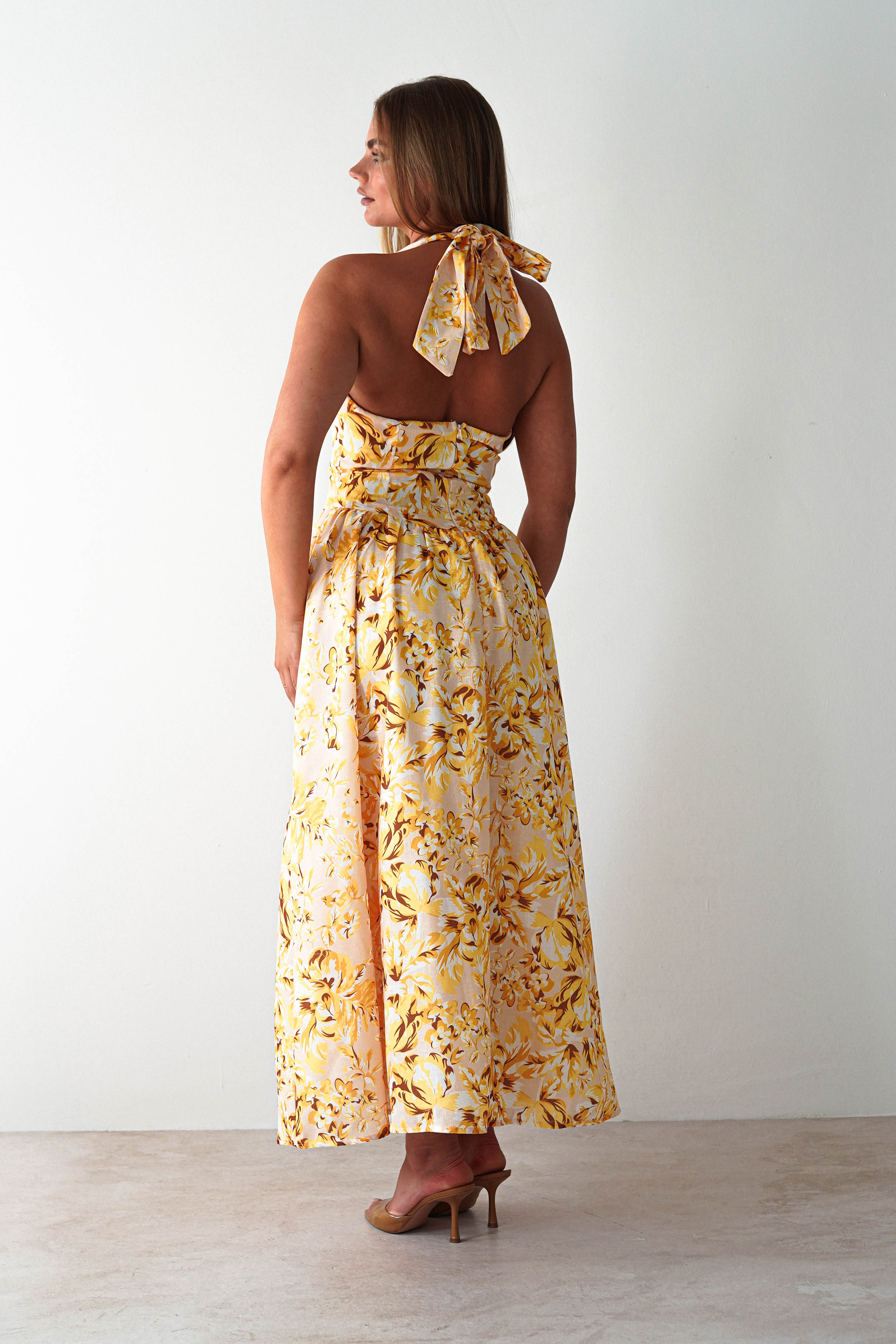Mina Halterneck Floral Skater Maxi Dress Yellow | Wedding Guest Dress | Halter Neck | Maxi | Oh Hello Clothing