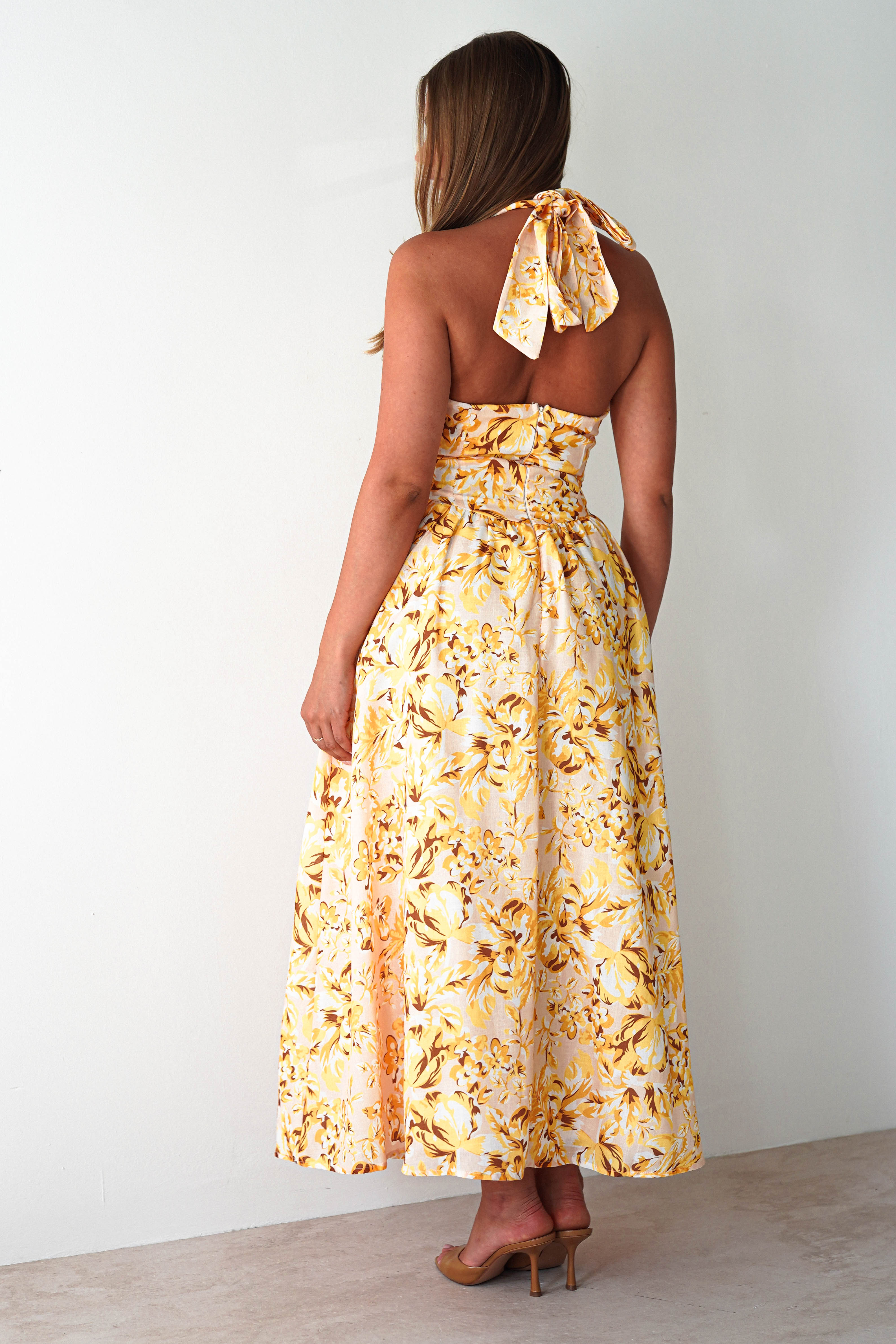 Mina Halterneck Floral Skater Maxi Dress Yellow | Wedding Guest Dress | Halter Neck | Maxi | Oh Hello Clothing