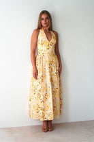 Mina Halterneck Floral Skater Maxi Dress Yellow | Wedding Guest Dress | Halter Neck | Maxi | Oh Hello Clothing