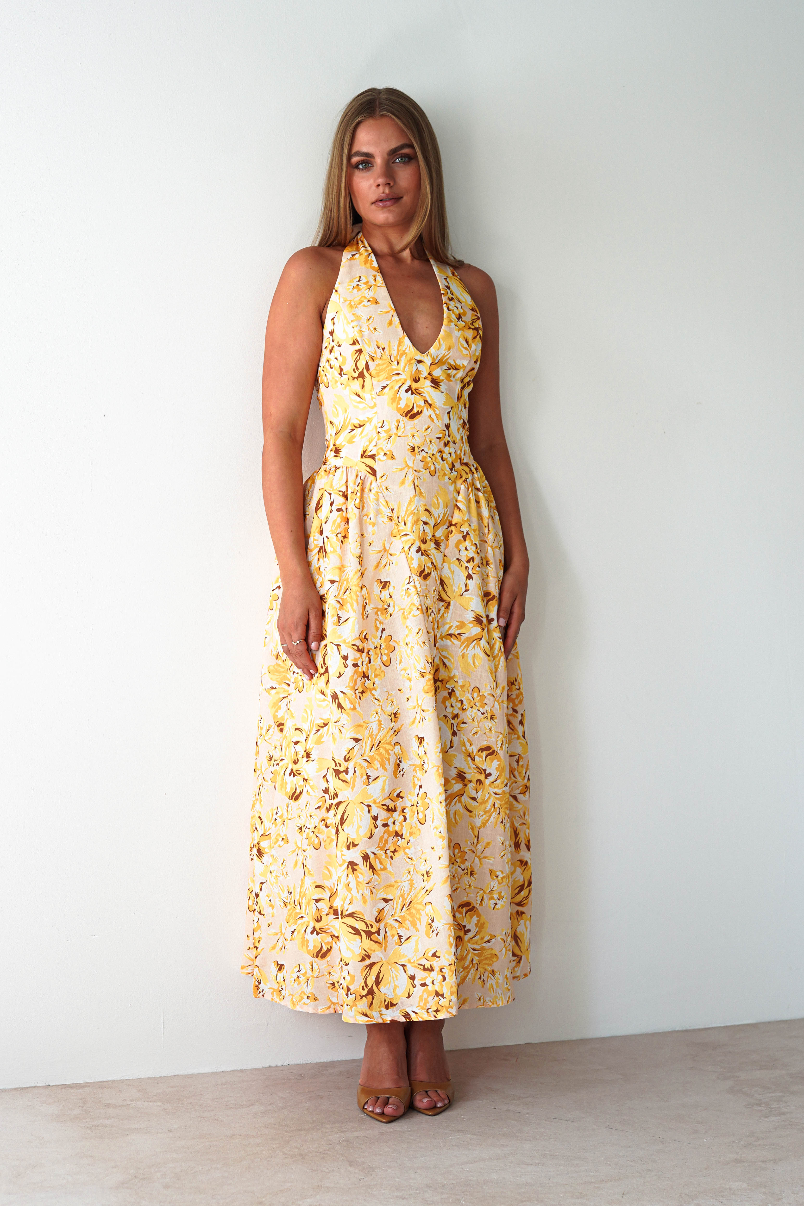 Mina Halterneck Floral Skater Maxi Dress Yellow | Wedding Guest Dress | Halter Neck | Maxi | Oh Hello Clothing