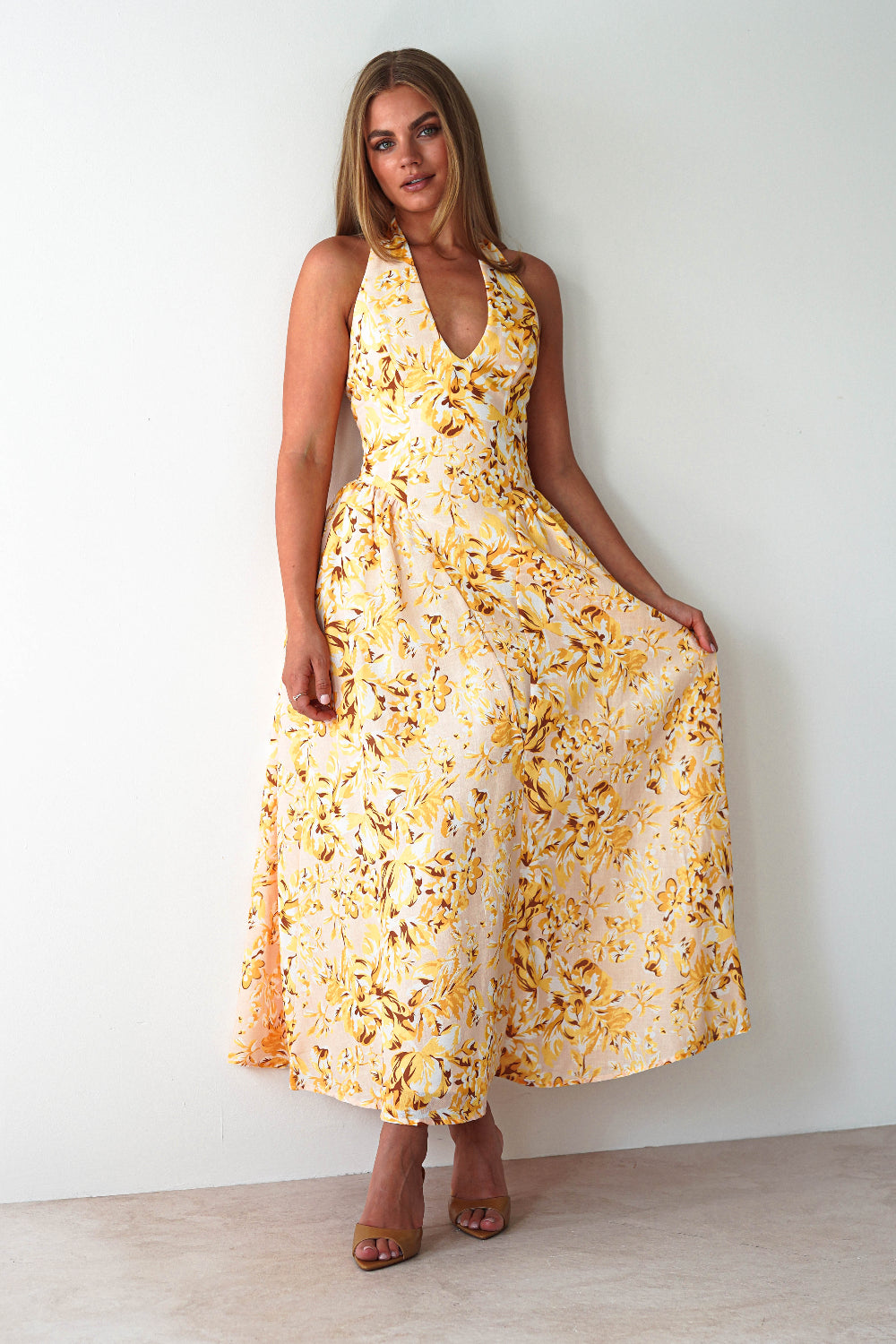 Mina Halterneck Floral Skater Maxi Dress Yellow | Wedding Guest Dress | Halter Neck | Maxi | Oh Hello Clothing