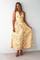 Mina Halterneck Floral Skater Maxi Dress Yellow | Wedding Guest Dress | Halter Neck | Maxi | Oh Hello Clothing