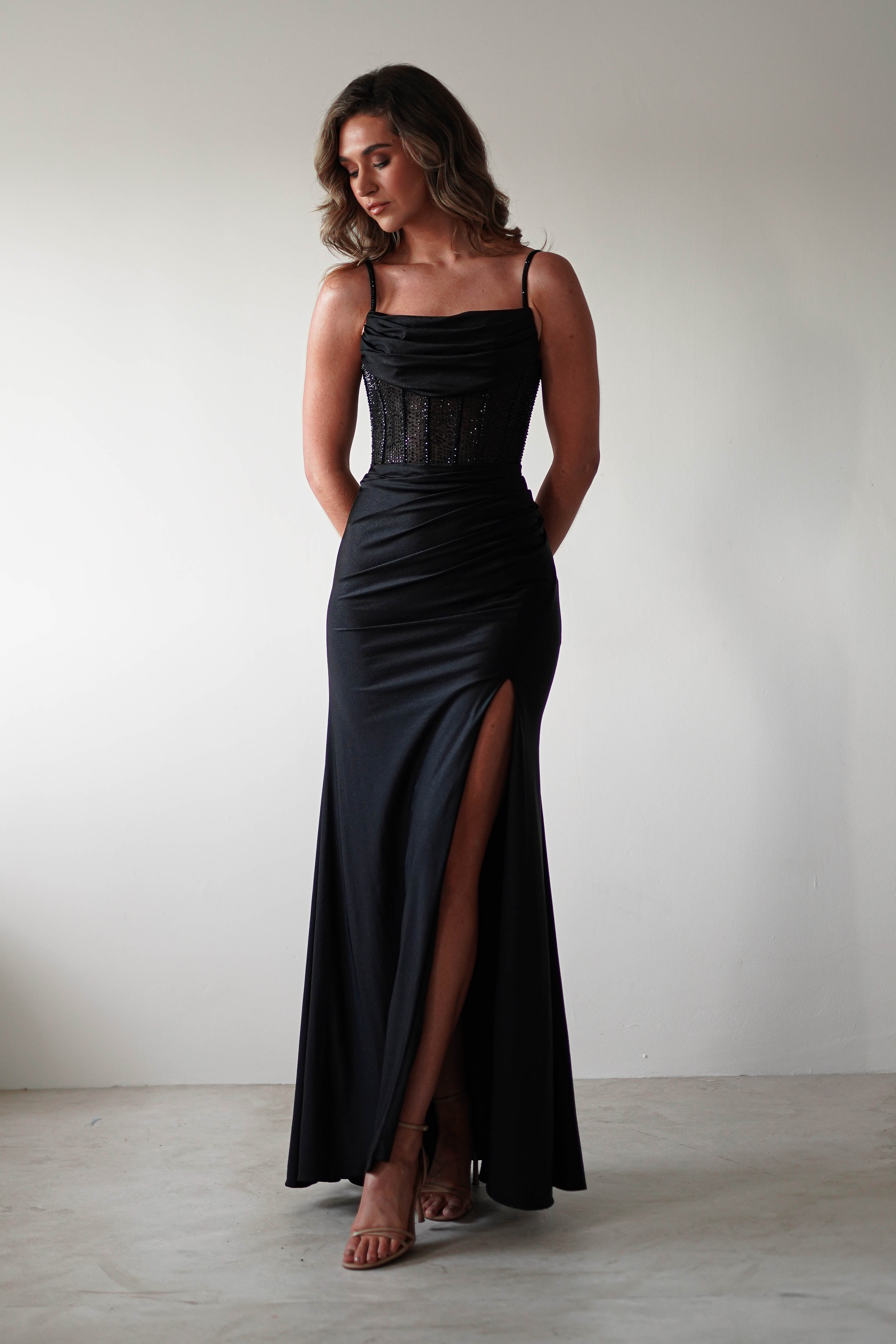 Stefani Rhinestone Bodice Gown | Black | Debs & Prom | Formal Gown | Oh Hello Clothing