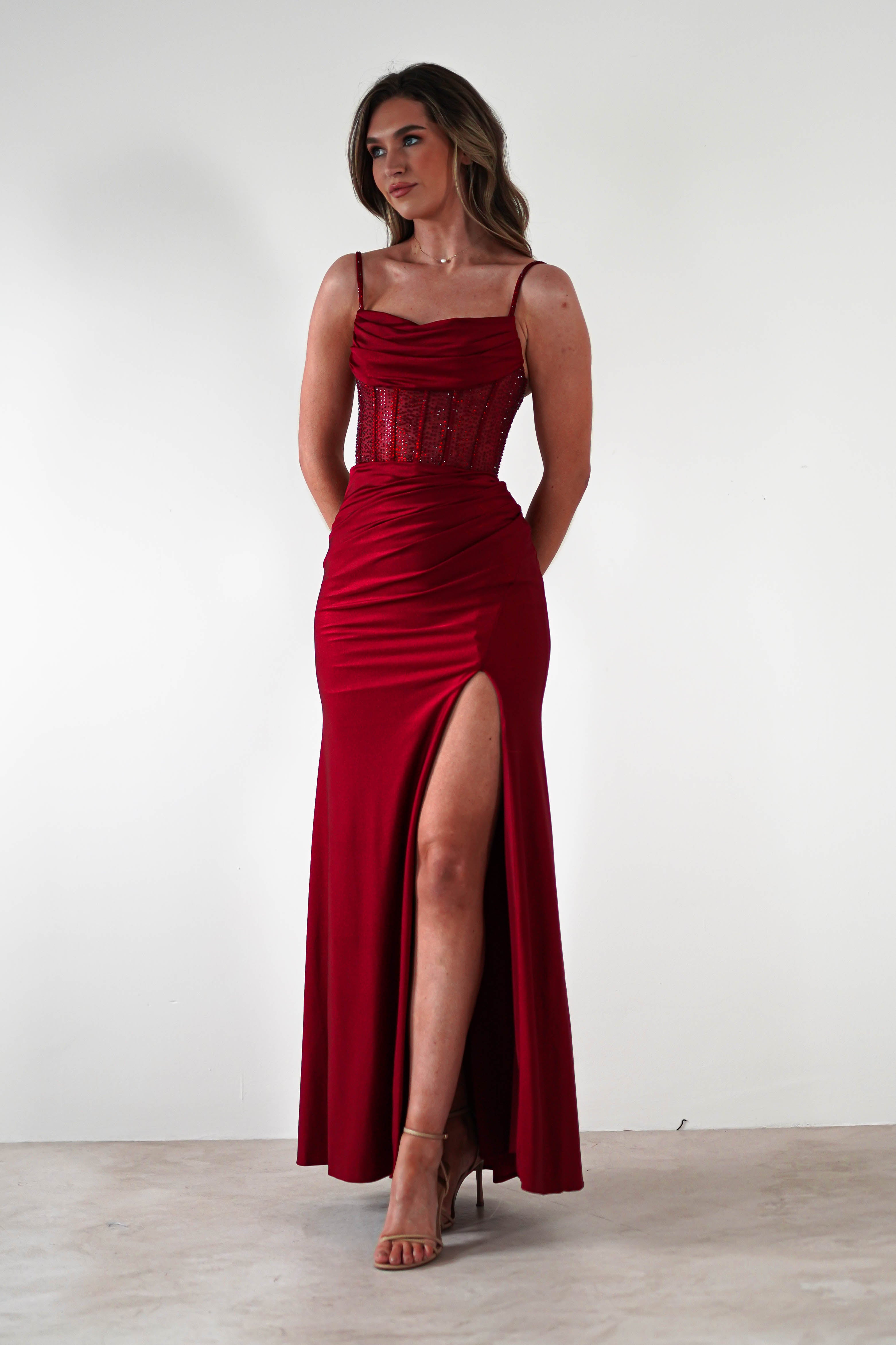 Stefani Rhinestone Bodice Gown | Burgundy | Debs & Prom | Formal Gown | Oh Hello Clothing