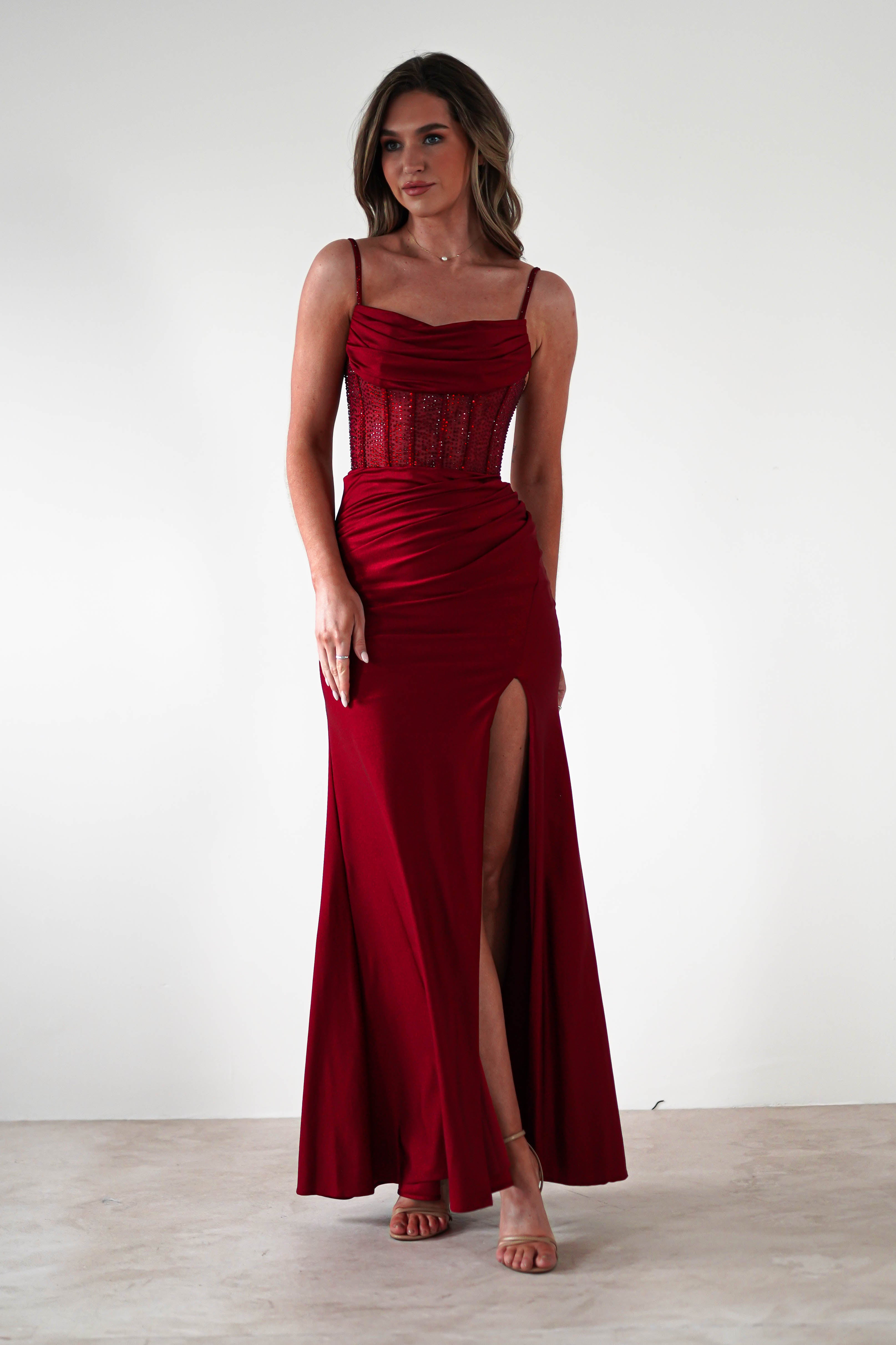 Stefani Rhinestone Bodice Gown | Burgundy | Debs & Prom | Formal Gown | Oh Hello Clothing