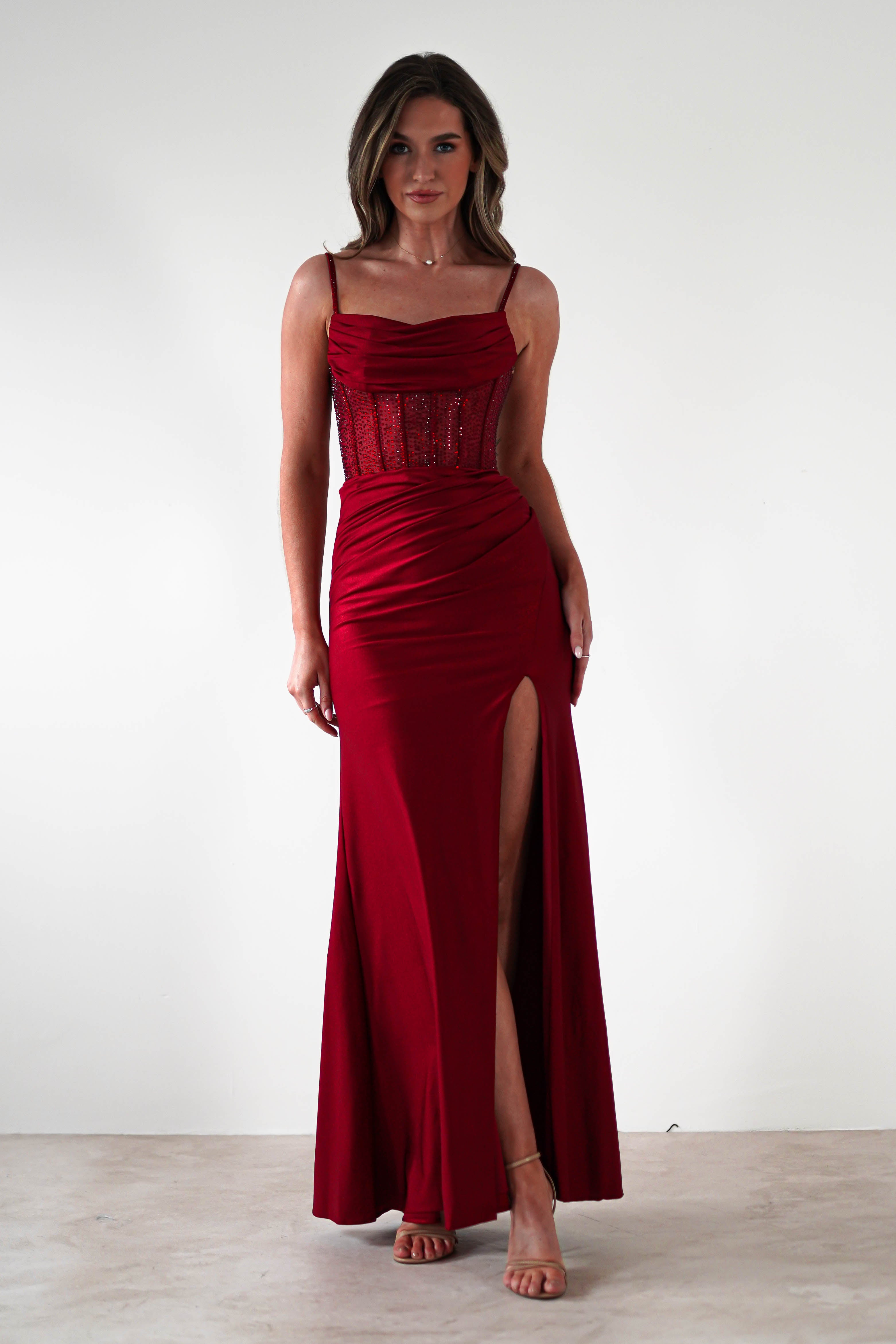Stefani Rhinestone Bodice Gown | Burgundy | Debs & Prom | Formal Gown | Oh Hello Clothing