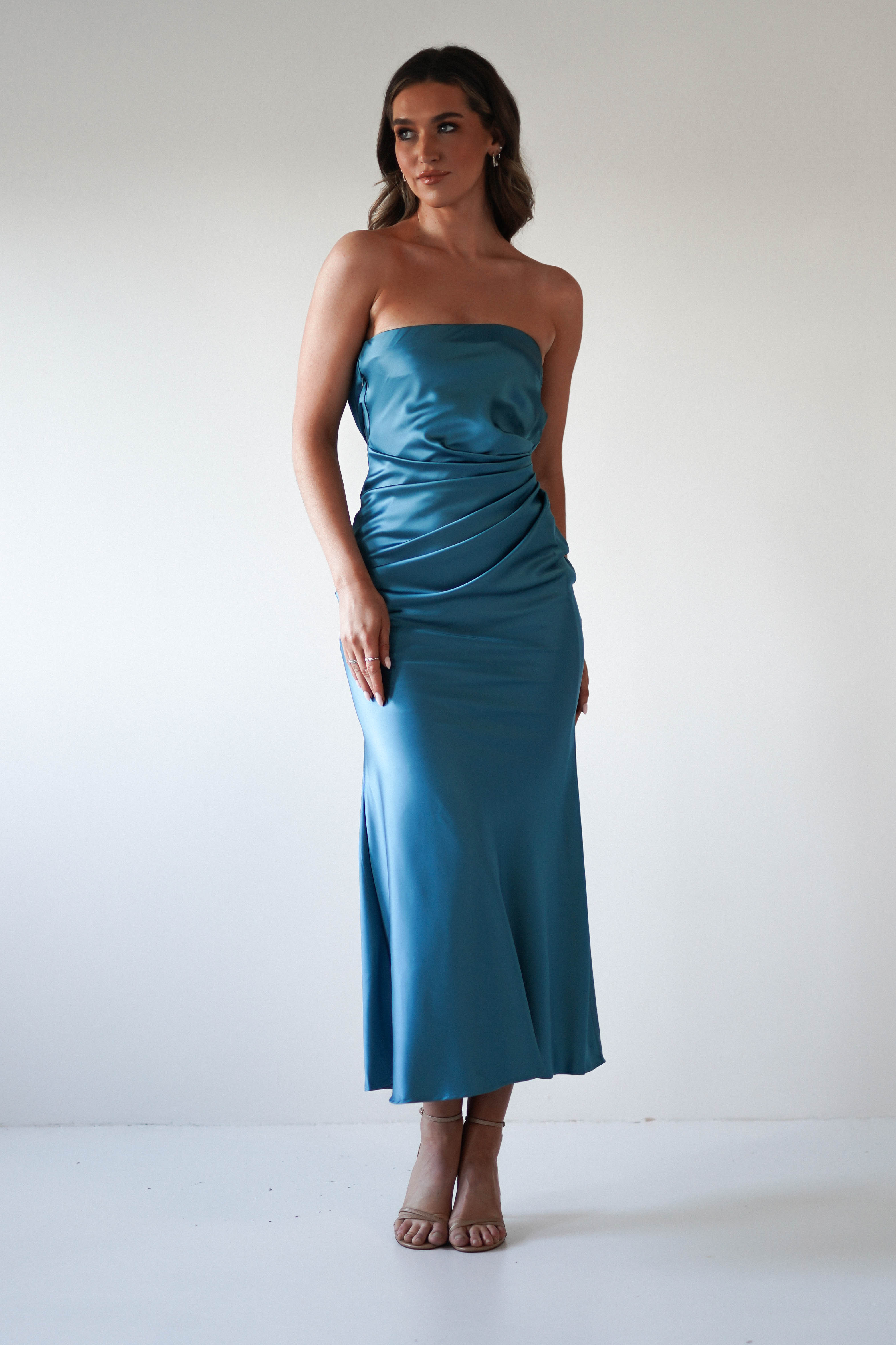 Allegra Robin Blue Gathered Midaxi Dress | Oh Hello Clothing | Oh Hello Clothing