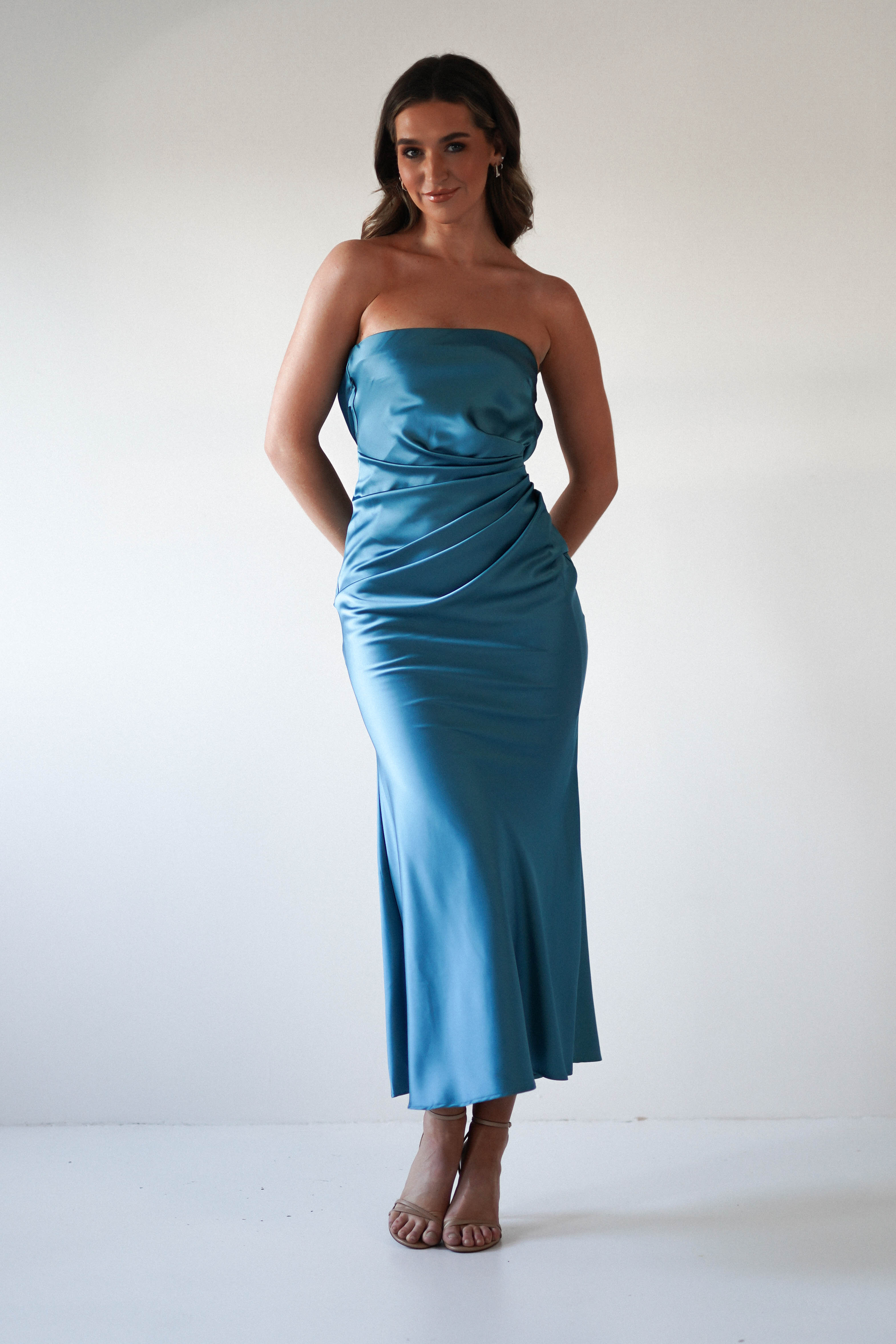 Allegra Robin Blue Gathered Midaxi Dress | Oh Hello Clothing | Oh Hello Clothing