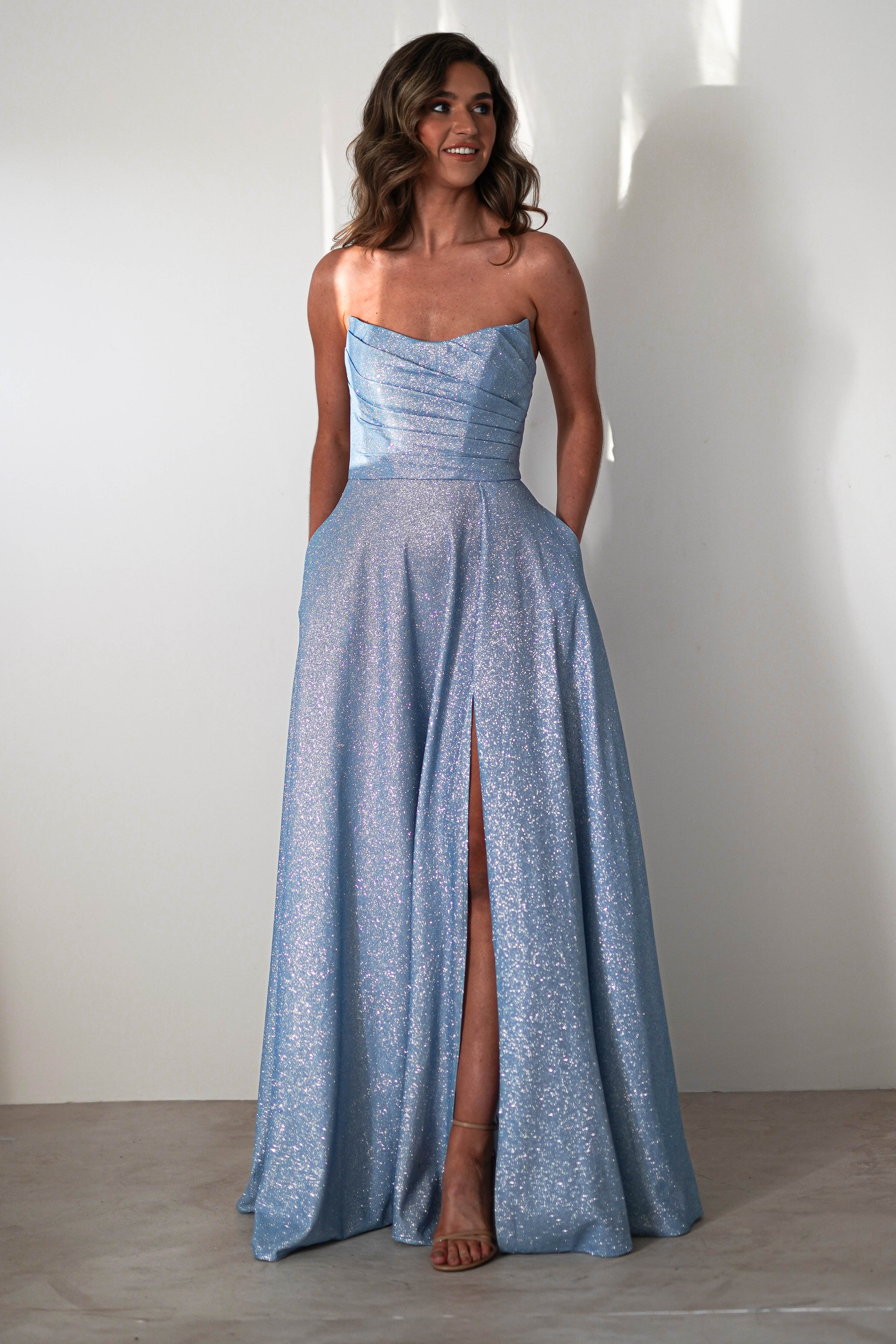 Cassia Strapless Glitter Aline Gown | Blue | Debs & Prom | Formal Gown | Oh Hello Clothing